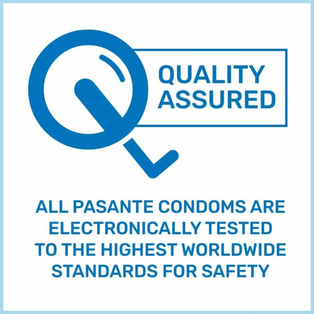 Logo: Garanzia di qualità. Testo: Tutti i preservativi Pasante sono testati elettronicamente secondo i più alti standard mondiali di sicurezza.