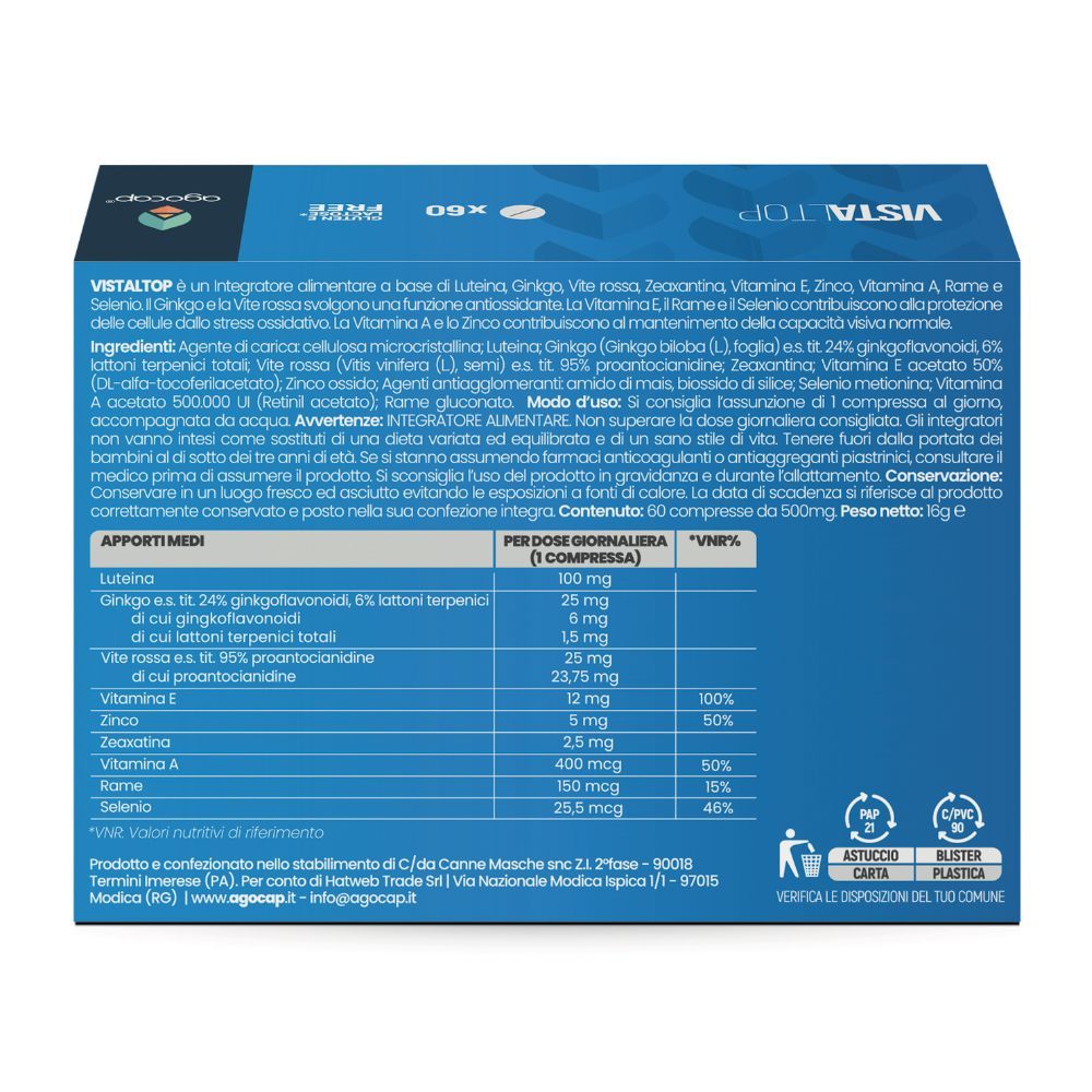 Retro della confezione Vistaltop. Contiene informazioni su ingredienti, dosaggio e avvertenze.