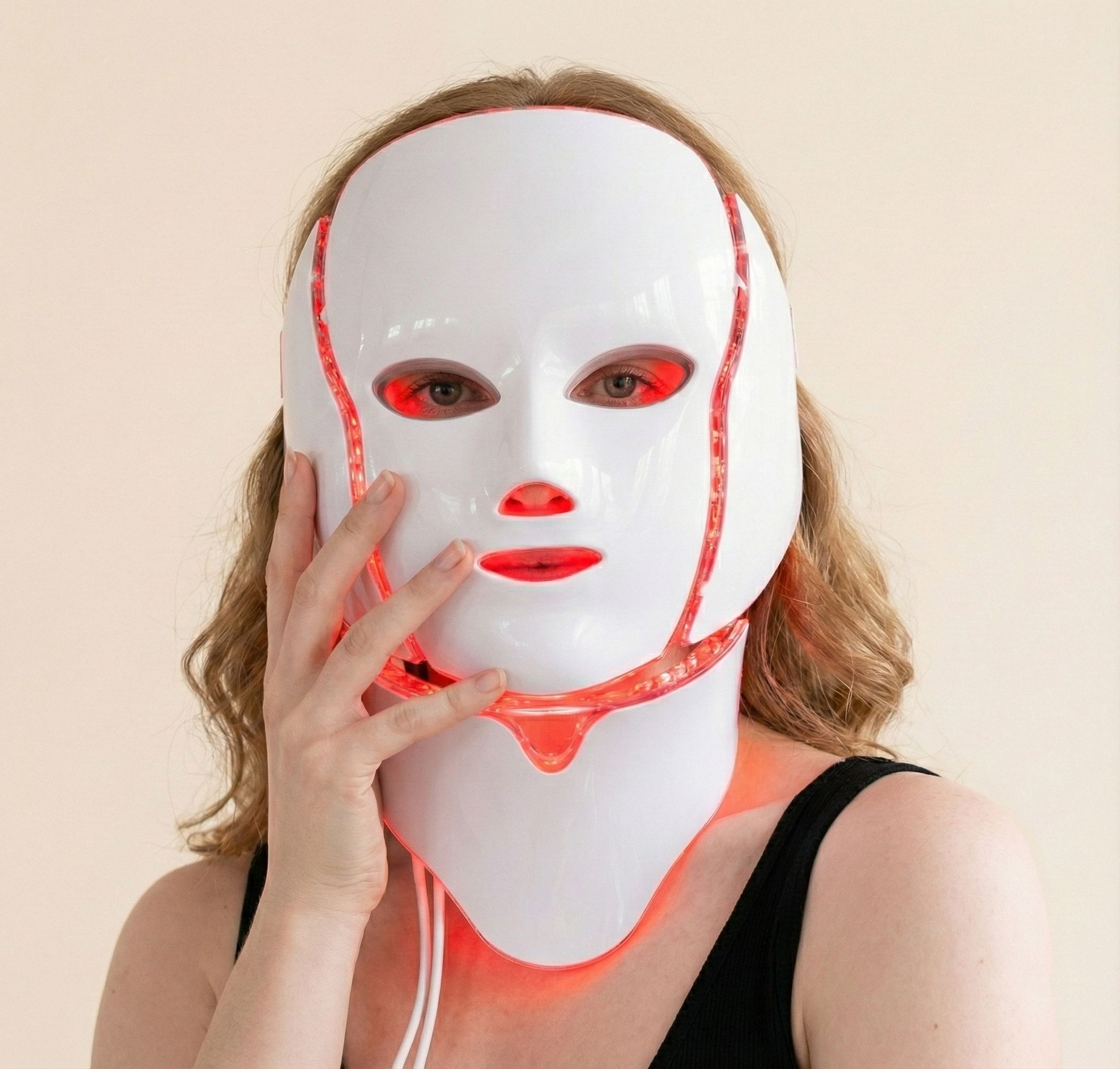 Maschera viso LED bianca a 7 colori con mentoniera rimovibile e telecomando.