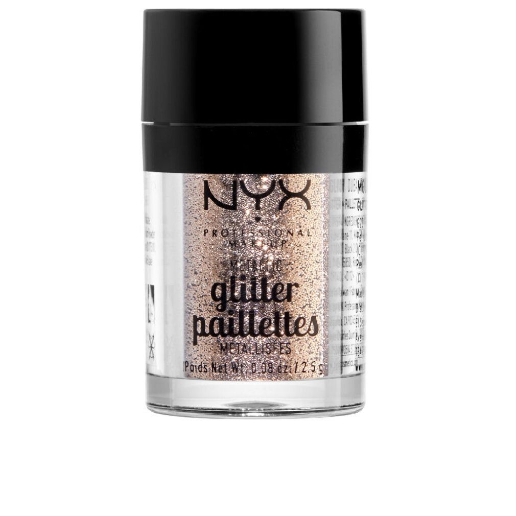 Contenitore trasparente di glitter NYX Professional Makeup. Coperchio nero. Glitter dorati. Scritta: Glitter, Pailettes. Peso netto: 0.08 oz/2.5g.