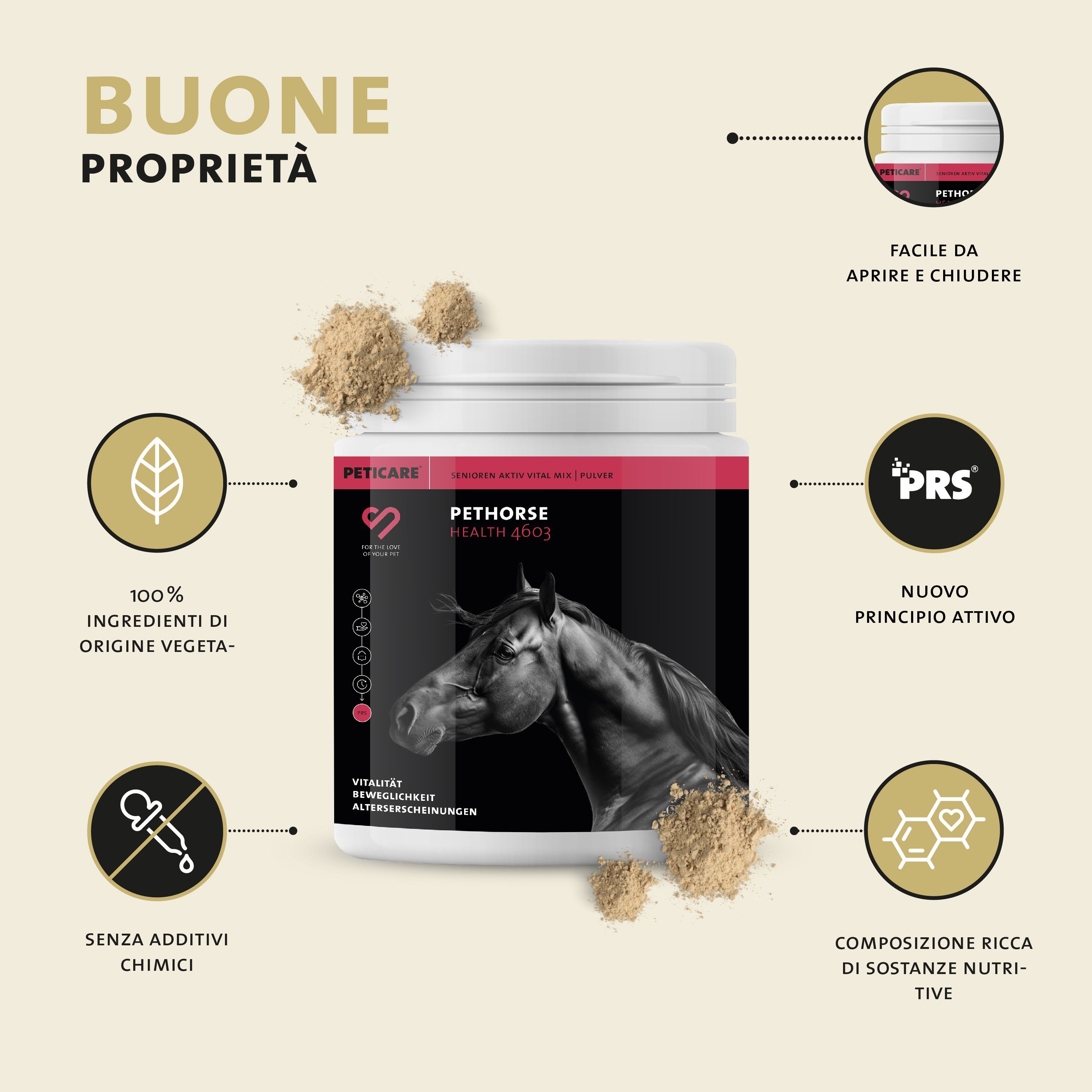 Barattolo Peticare Pethorse Health 4003, icone per 100% ingredienti vegetali, senza additivi chimici.