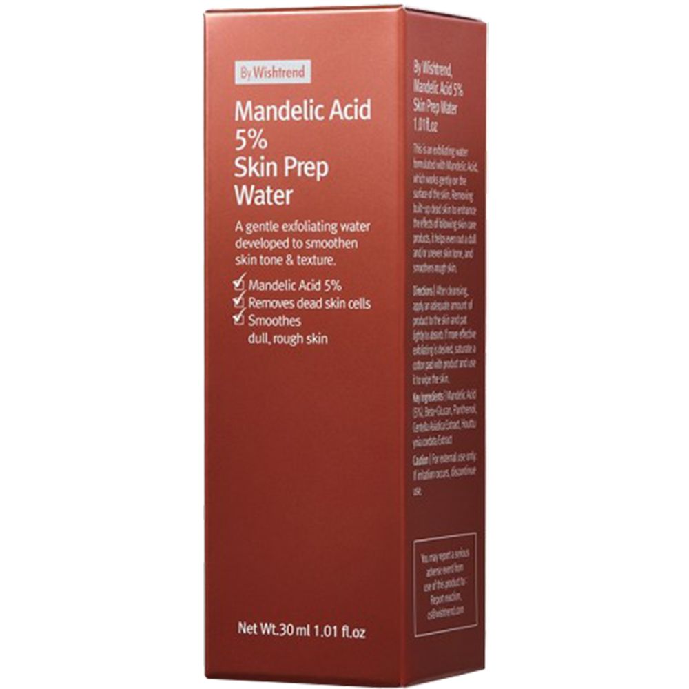 Scatola marrone con scritta: By Wishtrend Mandelic Acid 5% Skin Prep Water. Testo e simboli.
