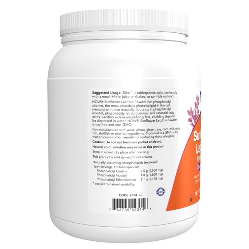 Contenitore con etichetta arancione. Scritta: Sunflower Lecithin Pure Powder. Marchio: NOW. Contiene istruzioni e ingredienti.