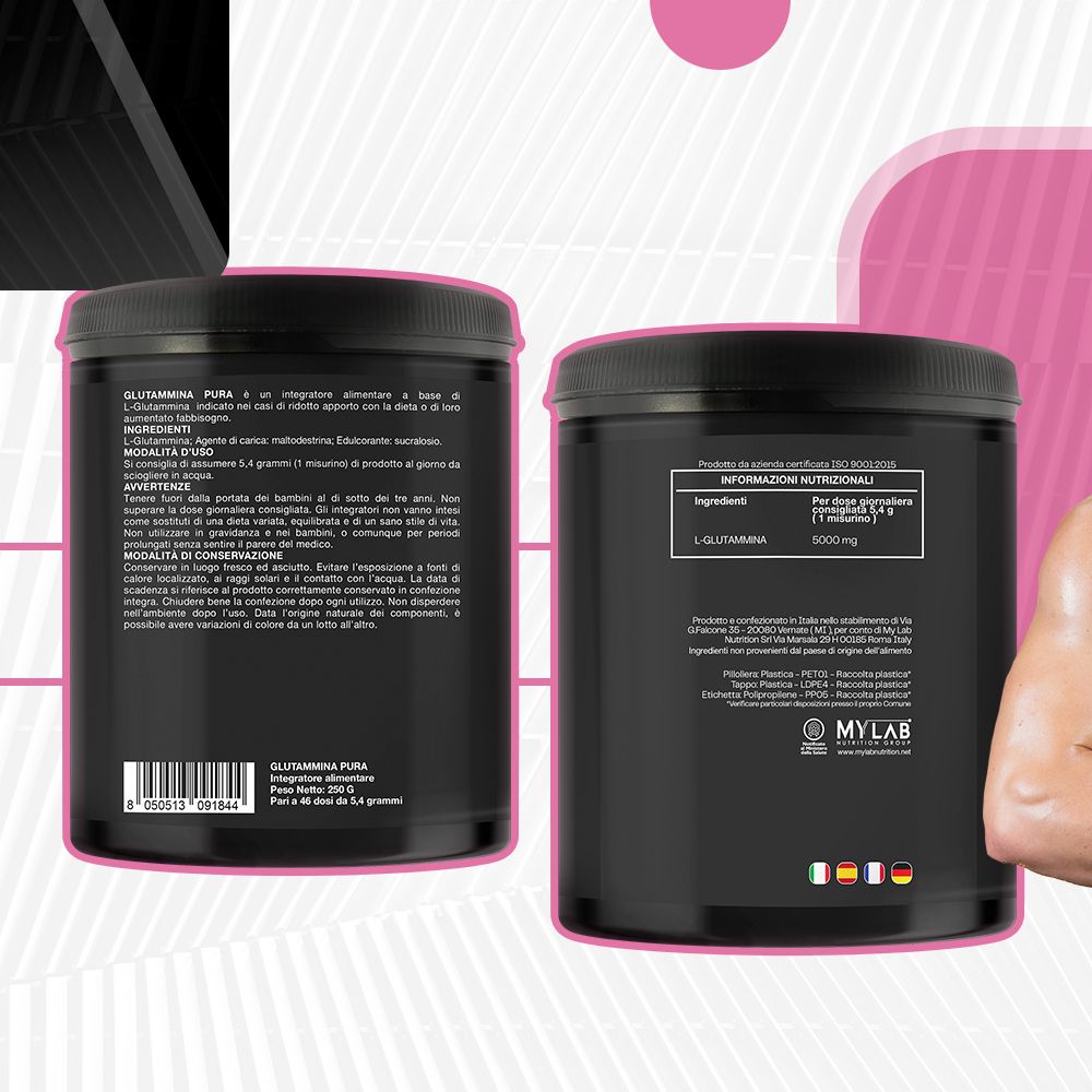 Due barattoli GLUTAMMINA PURA. Retro con ingredienti e informazioni nutrizionali. Prodotto in Italia.