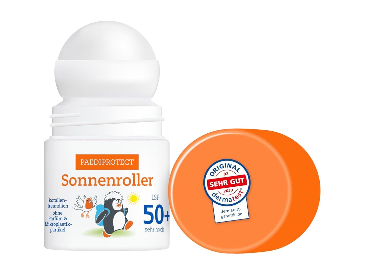 Roll-on solare con tappo arancione rimosso. Scritta: PAEDIPROTECT Sonnenroller LSF 50+. Sigillo Dermatest. Illustrazioni di pinguino e uccello.
