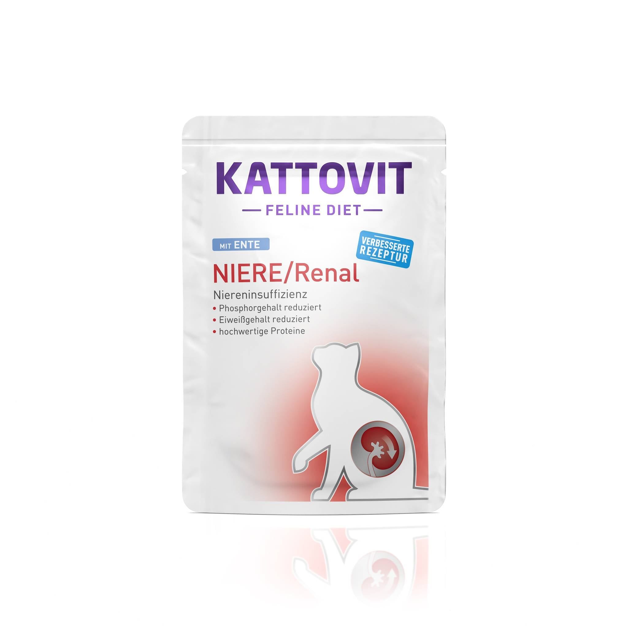 Busta di cibo per gatti KATTOVIT Niere/Renal. Busta bianca con nome del prodotto, illustrazione di gatto-rene e testo. Etichetta "Ricetta migliorata".