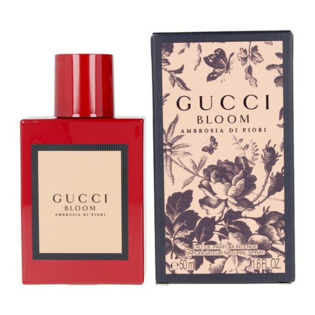 Flacone e confezione Gucci Bloom Ambrosia di Fiori. Flacone rosso. Confezione con motivo floreale.