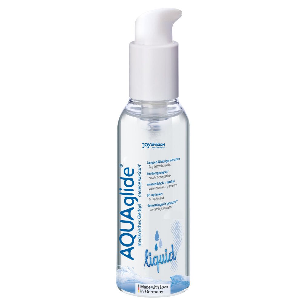 Flacone trasparente con erogatore blu. Scritta: AQUAglide, liquid. Testo in tedesco. Made with Love in Germany.