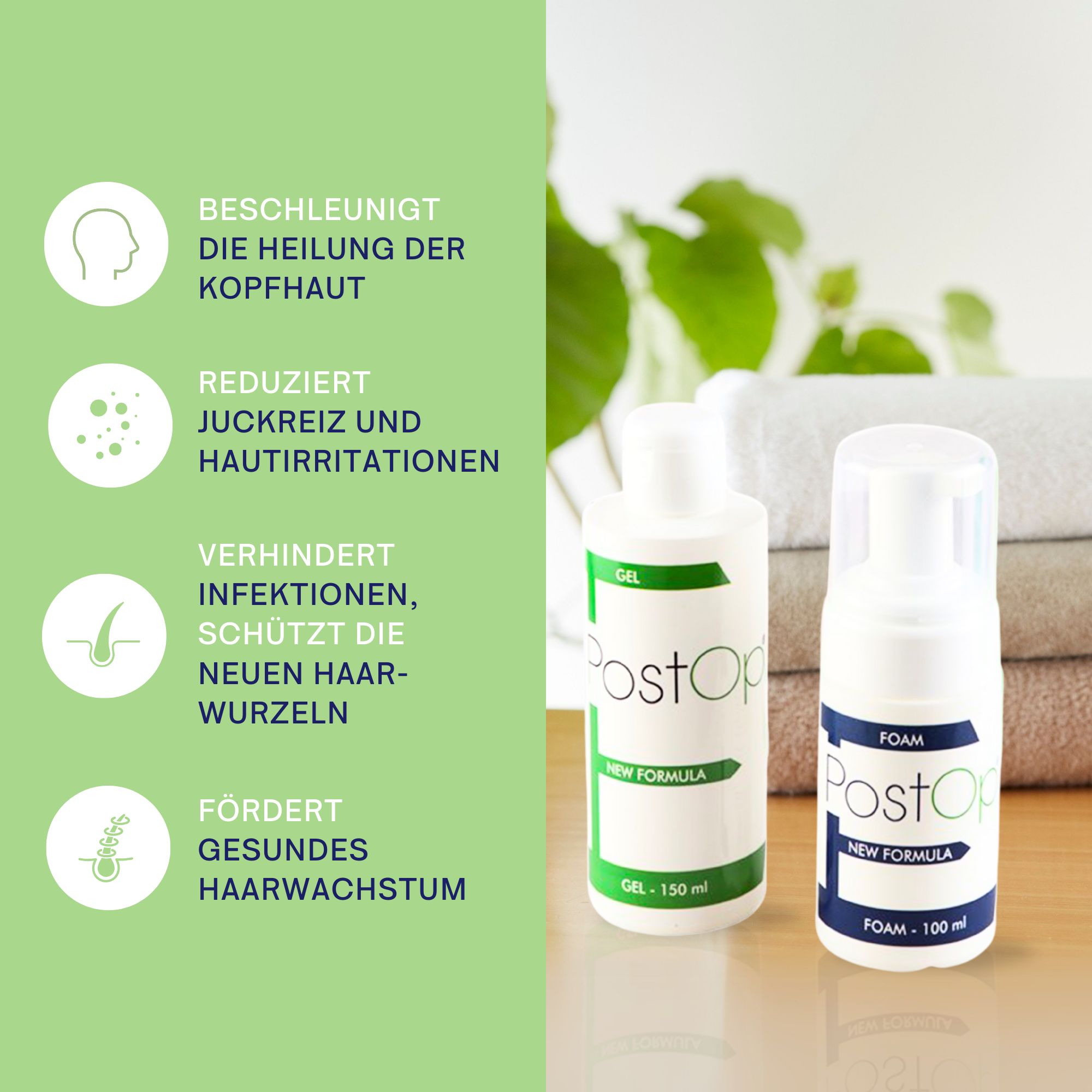 Due flaconi PostOp: gel e schiuma. Gel: 150 ml, schiuma: 100 ml. Testo: Accelera la guarigione, riduce il prurito, protegge.