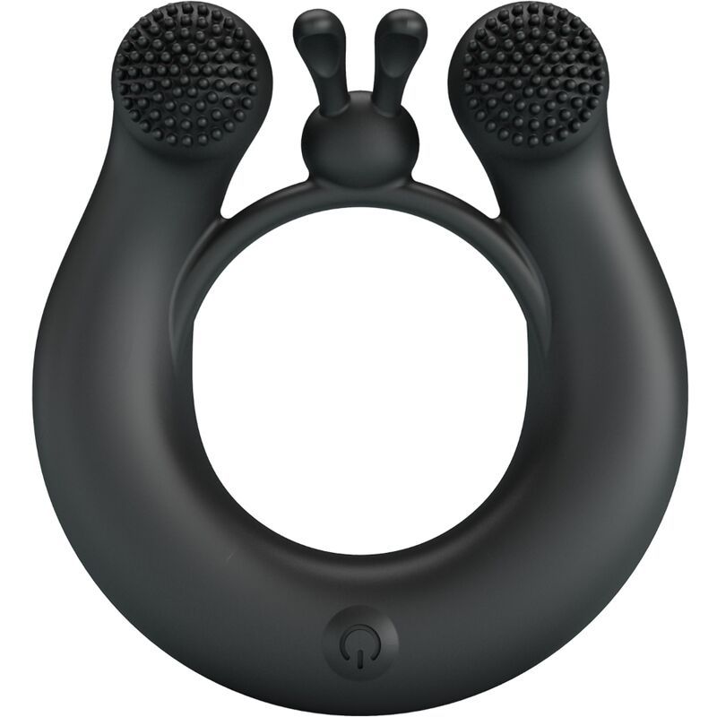 Anello nero con due testine a spazzola e dettaglio orecchie di coniglio.