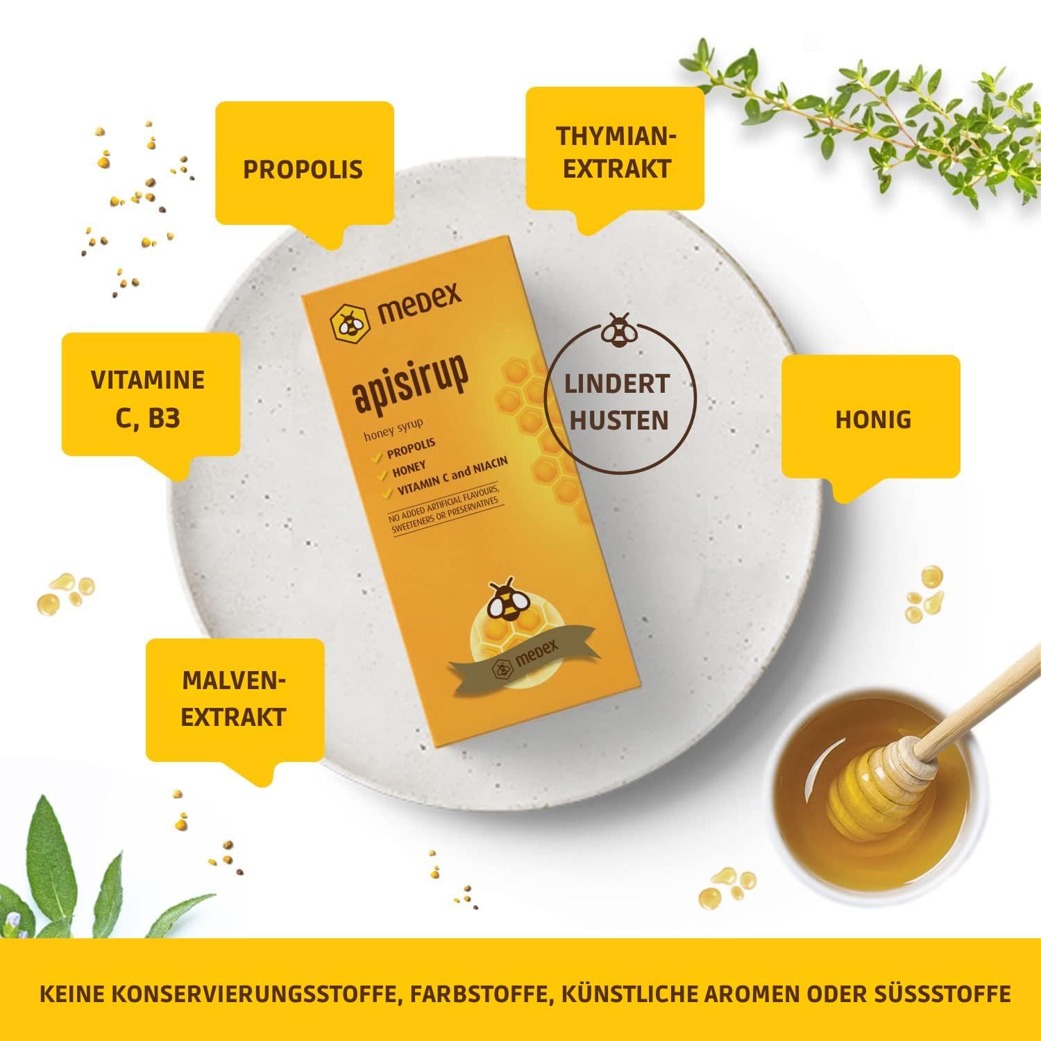 Medex Apisirup, bottiglia e scatola. Sul piatto: propoli, estratto di timo, vitamina C, estratto di malva e miele.