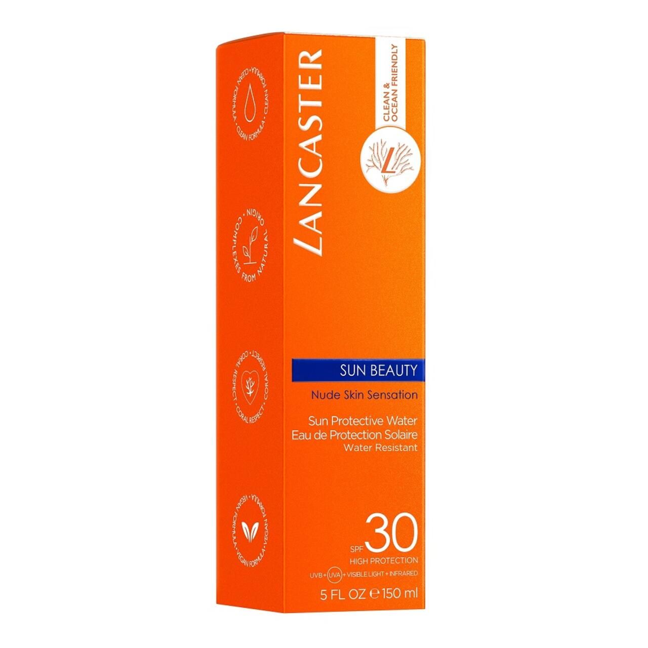 Lancaster Sun Beauty Protective Water SPF30. Confezione arancione. Testo: Nude Skin Sensation, SPF 30. Clean & Ocean Friendly.