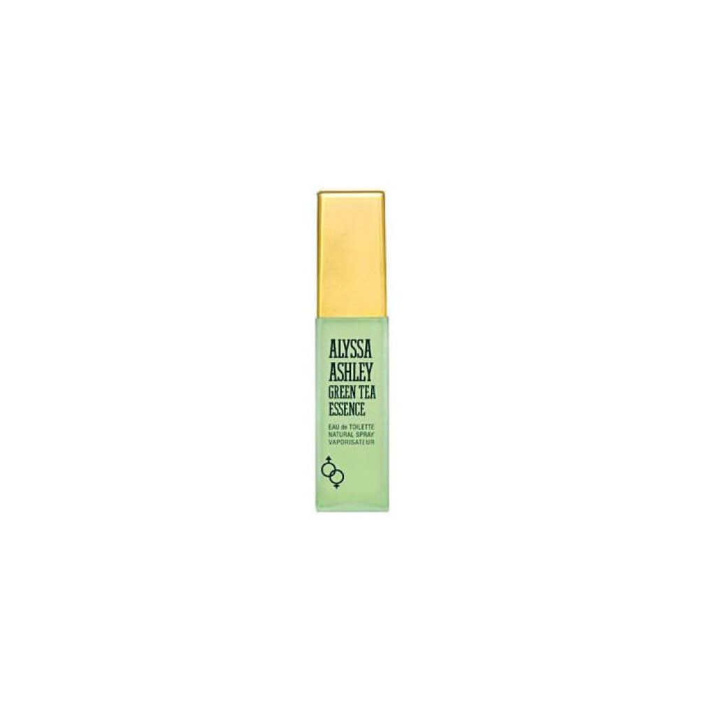 Alyssa Ashley Green Tea Essence Eau de Toilette Natural Spray. Flacone in vetro verde con tappo dorato.