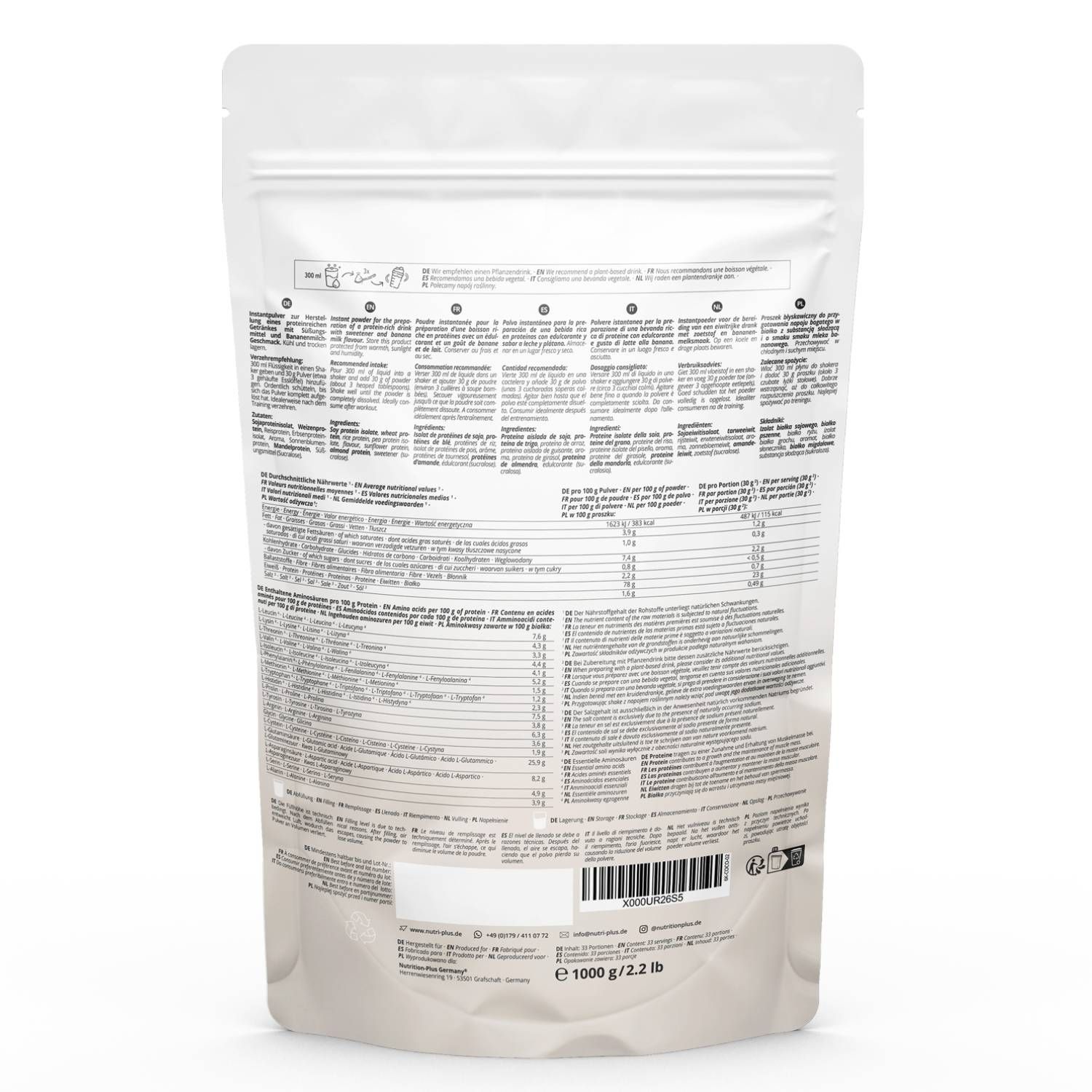 Retro della busta bianca. Contiene testo multilingue, informazioni nutrizionali e codice a barre. 1000g/2.2 lbs.