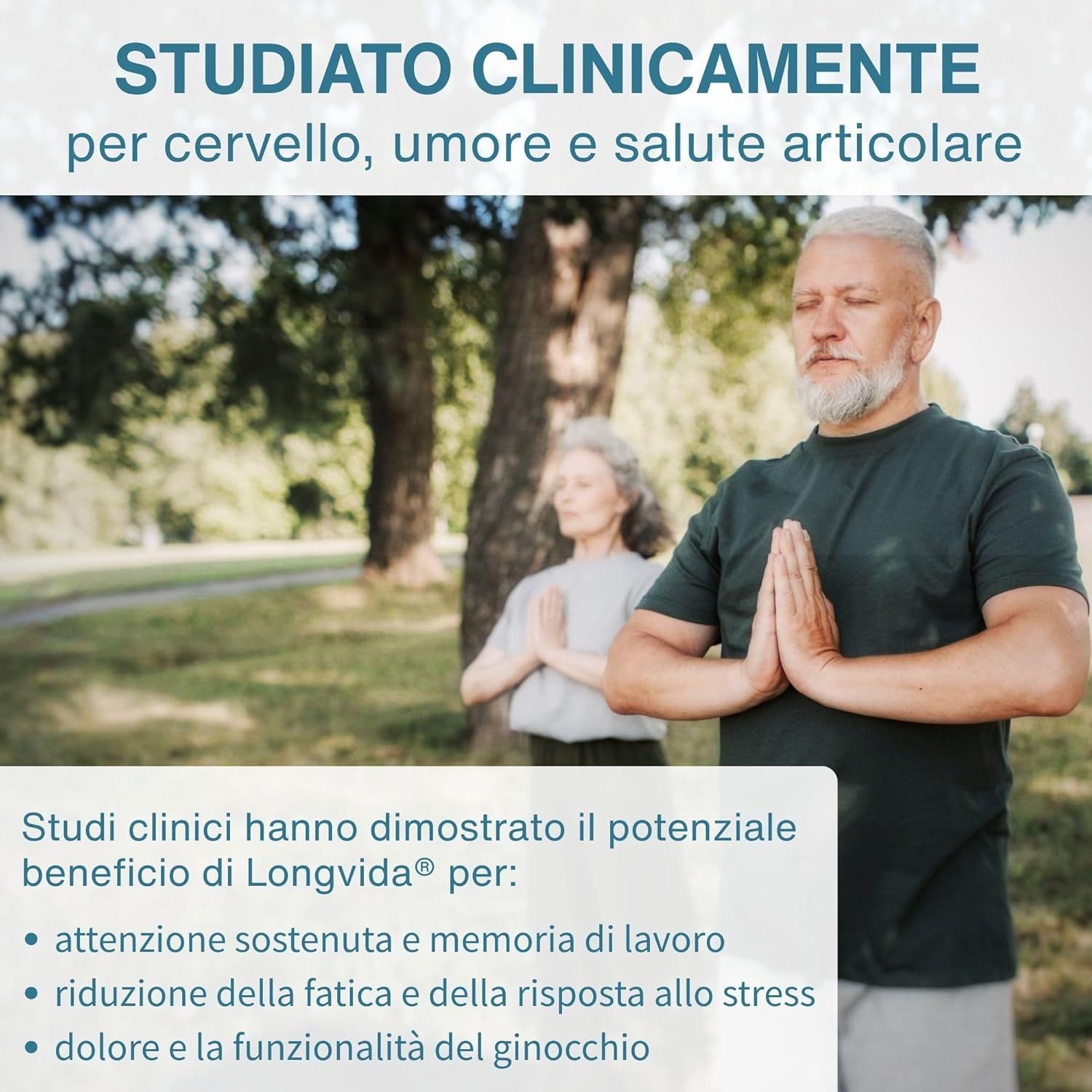 Coppia che pratica yoga all'aperto. Il testo menziona studi clinici per cervello, umore e articolazioni.