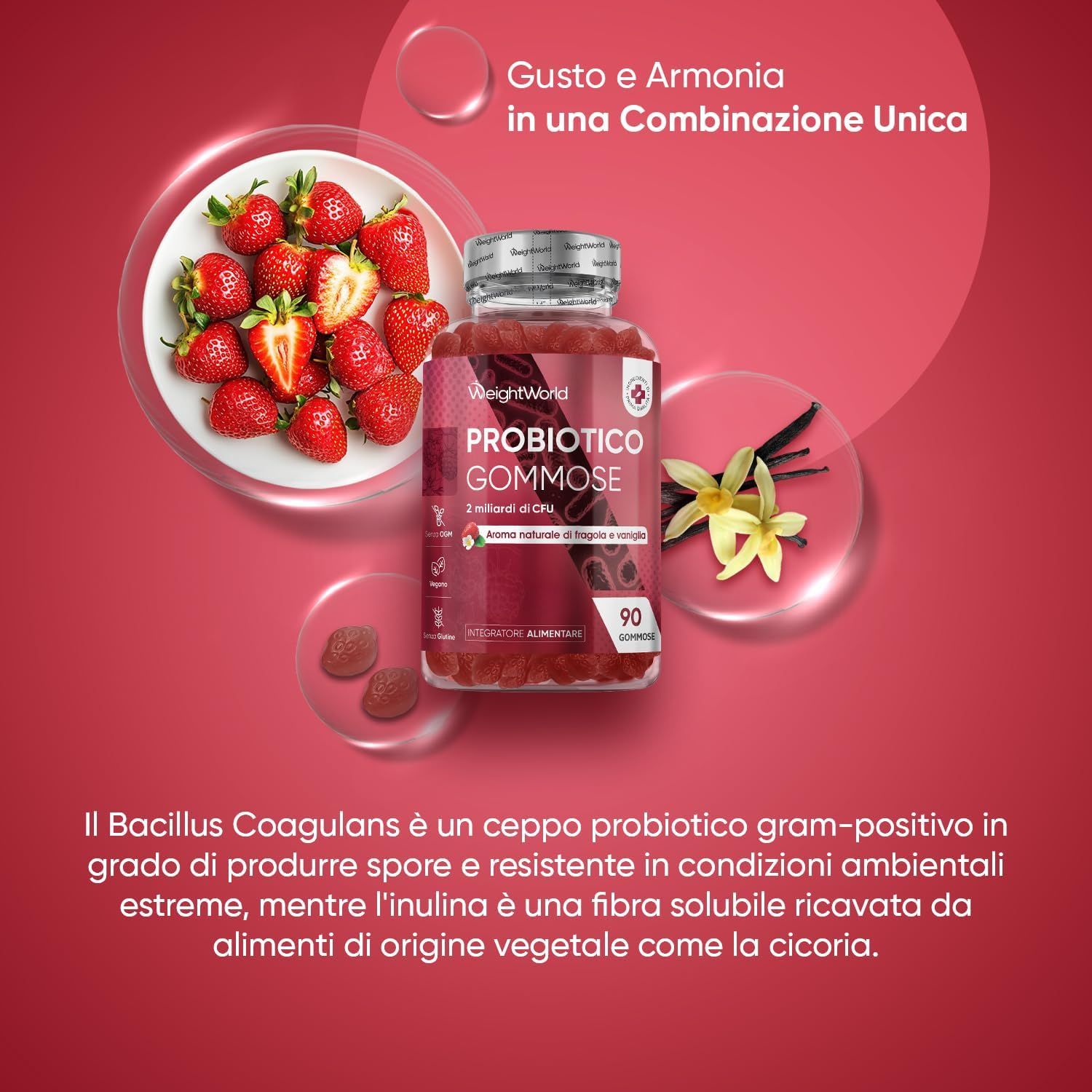 Flacone del prodotto con fragole e vaniglia. Testo: Probiotico Gommose. Testo: 90 caramelle gommose. Aroma Fragola e Vaniglia.