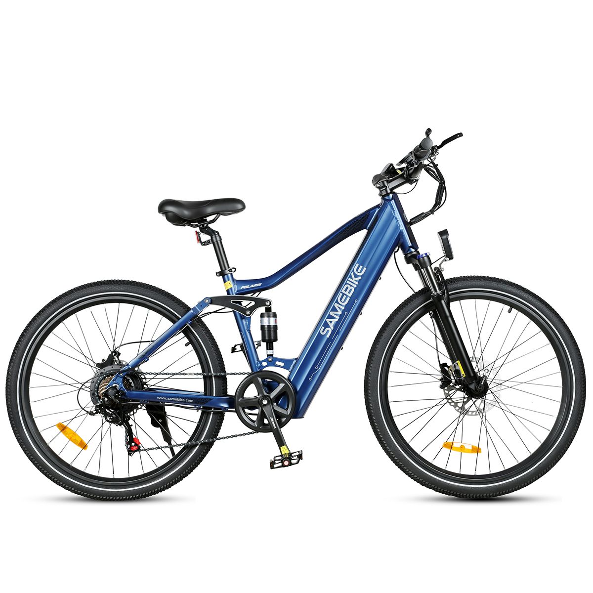 Bicicletta elettrica blu. Pneumatici, sella e manubrio neri. Riflettori gialli. Marchio Samebike.