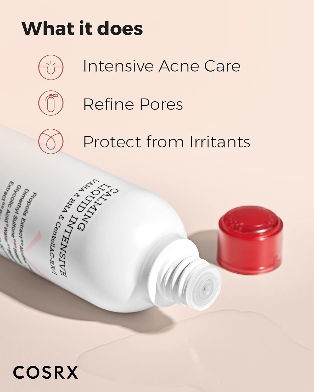 Flacone COSRX Calming Liquid Intensive aperto. Testo: What it does. Intensive Acne Care, Refine Pores, Protect from Irritants.