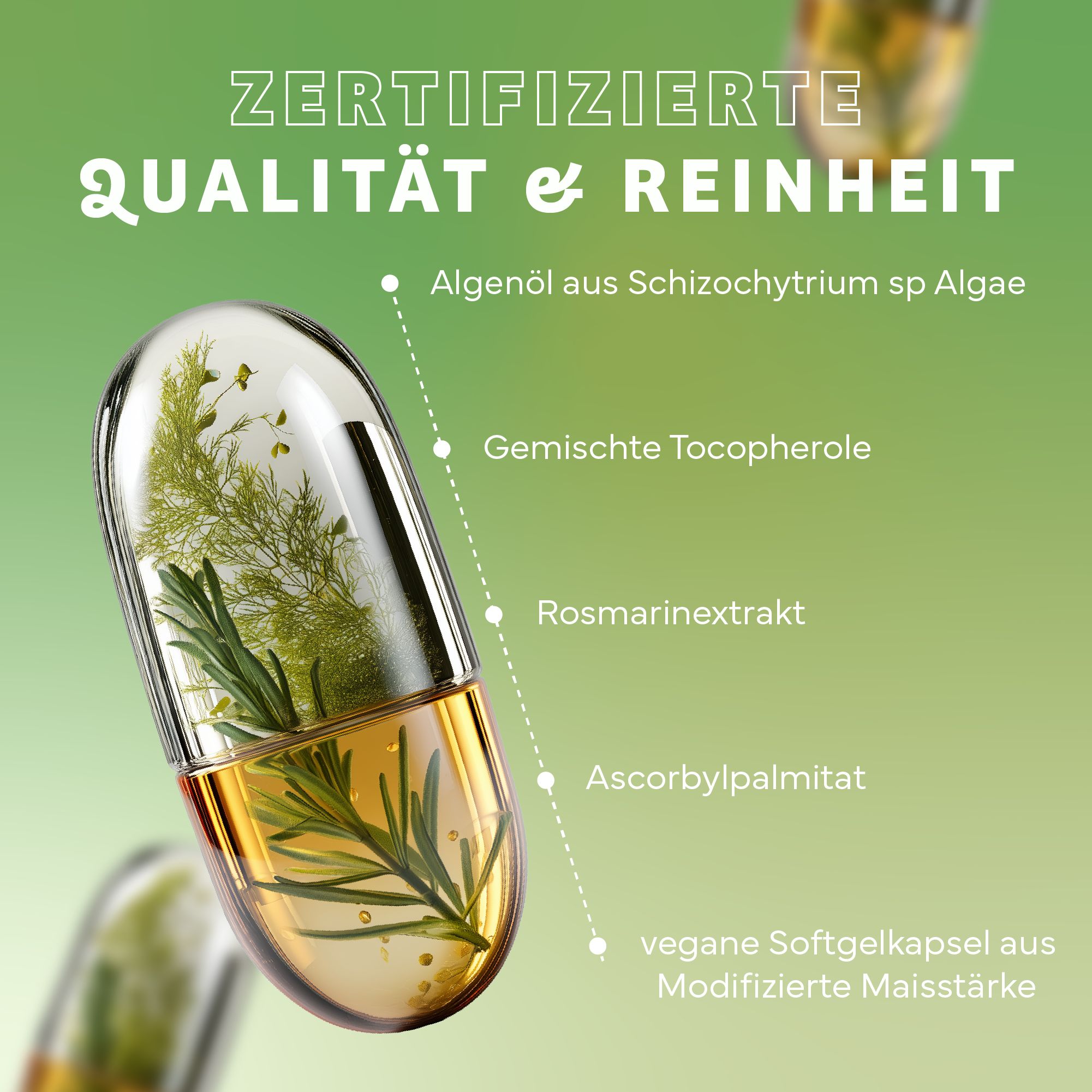 Echt Vital Omega-3 vegan: Qualità certificata. Olio di alghe, tocoferoli, estratto di rosmarino.