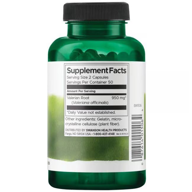 Retro del flacone verde. Etichetta bianca con informazioni nutrizionali, ingredienti e "SWANSON HEALTH PRODUCTS".