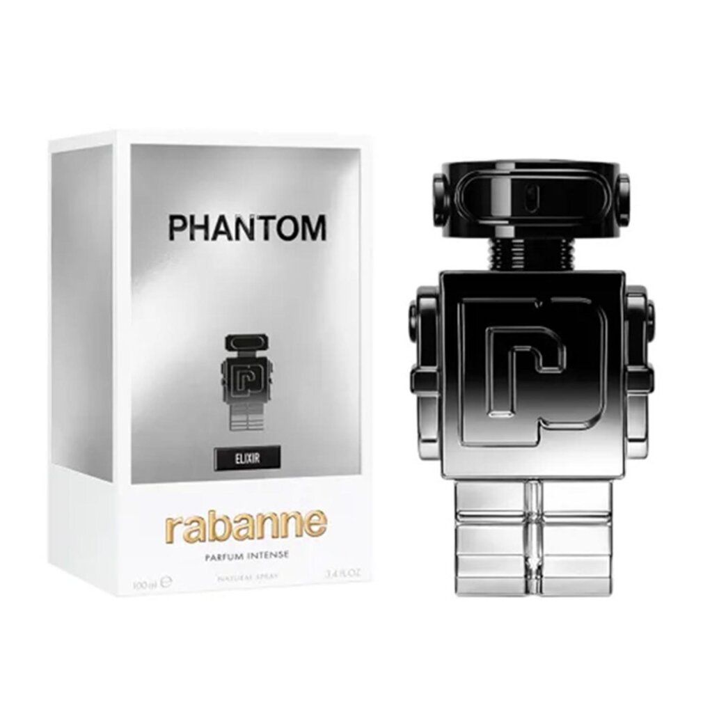 Flacone di profumo a forma di robot, argento-nero. Confezione con scritta "Phantom" e "rabanne".