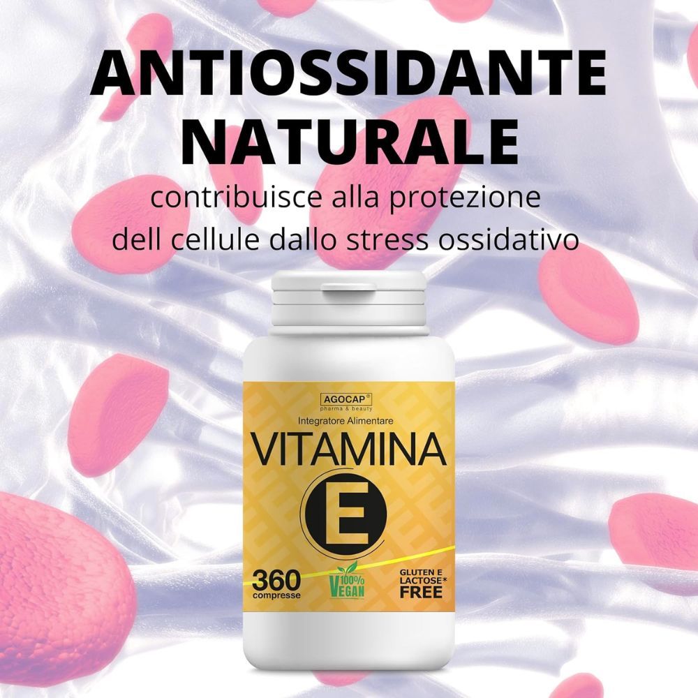 Flacone con etichetta gialla, circondato da forme rosa. Scritta: VITAMINA E, 360 compresse, Gluten & Lactose Free, Vegan.