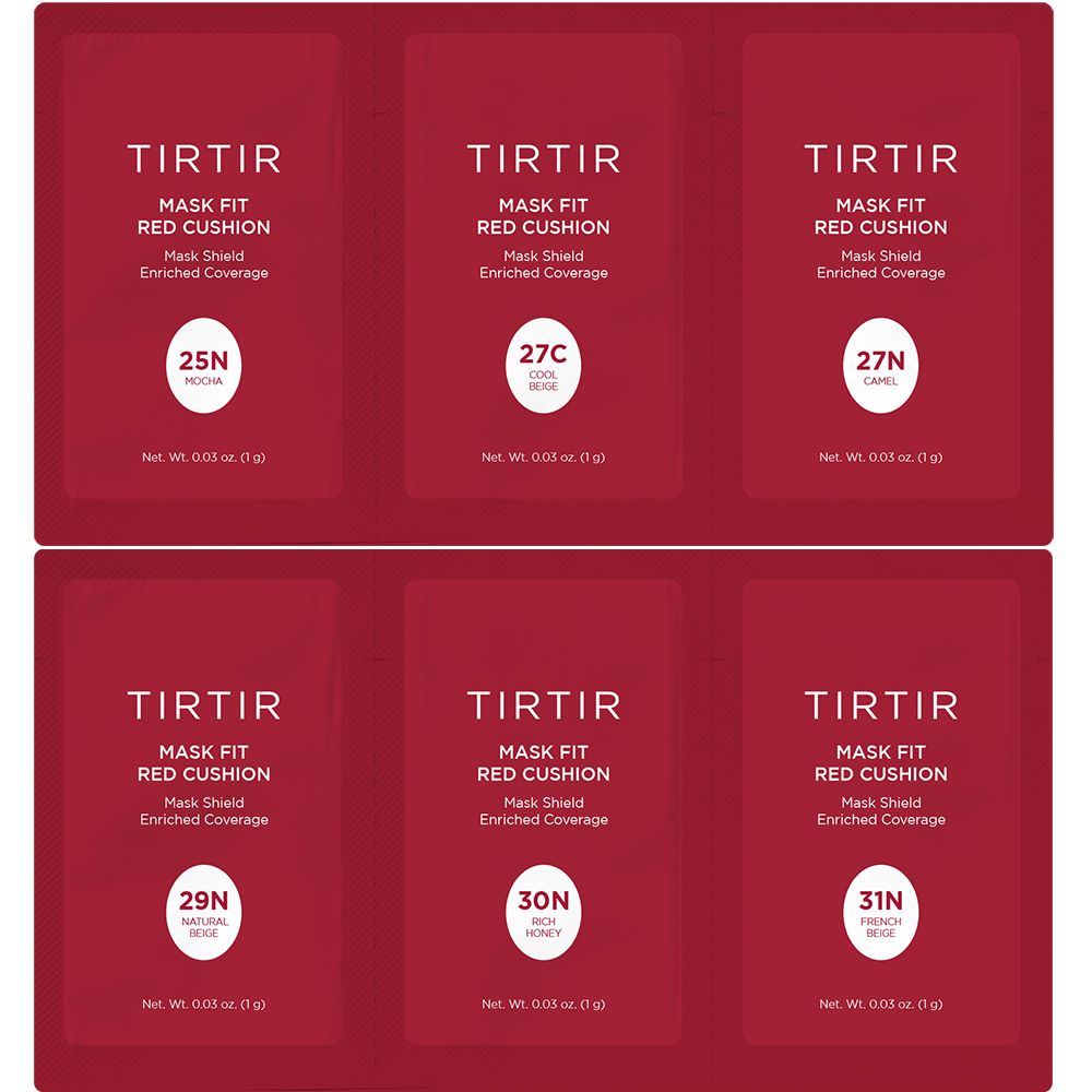 Sei confezioni rosse TIRTIR Mask Fit Red Cushion. Varianti colore: 25N, 27C, 27N, 29N, 30N, 31N. Ogni confezione contiene 0,03 oz.