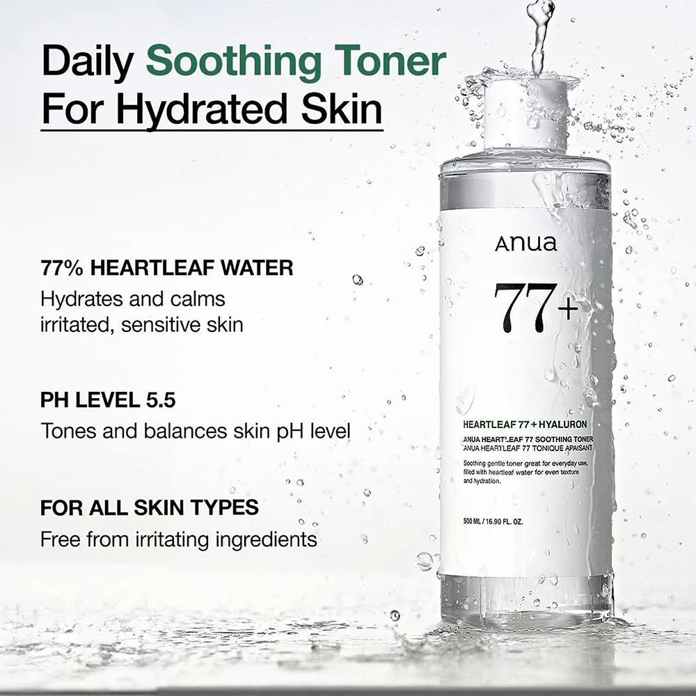 Flacone di tonico con "77% Heartleaf Water". Schizzi d'acqua e testo.