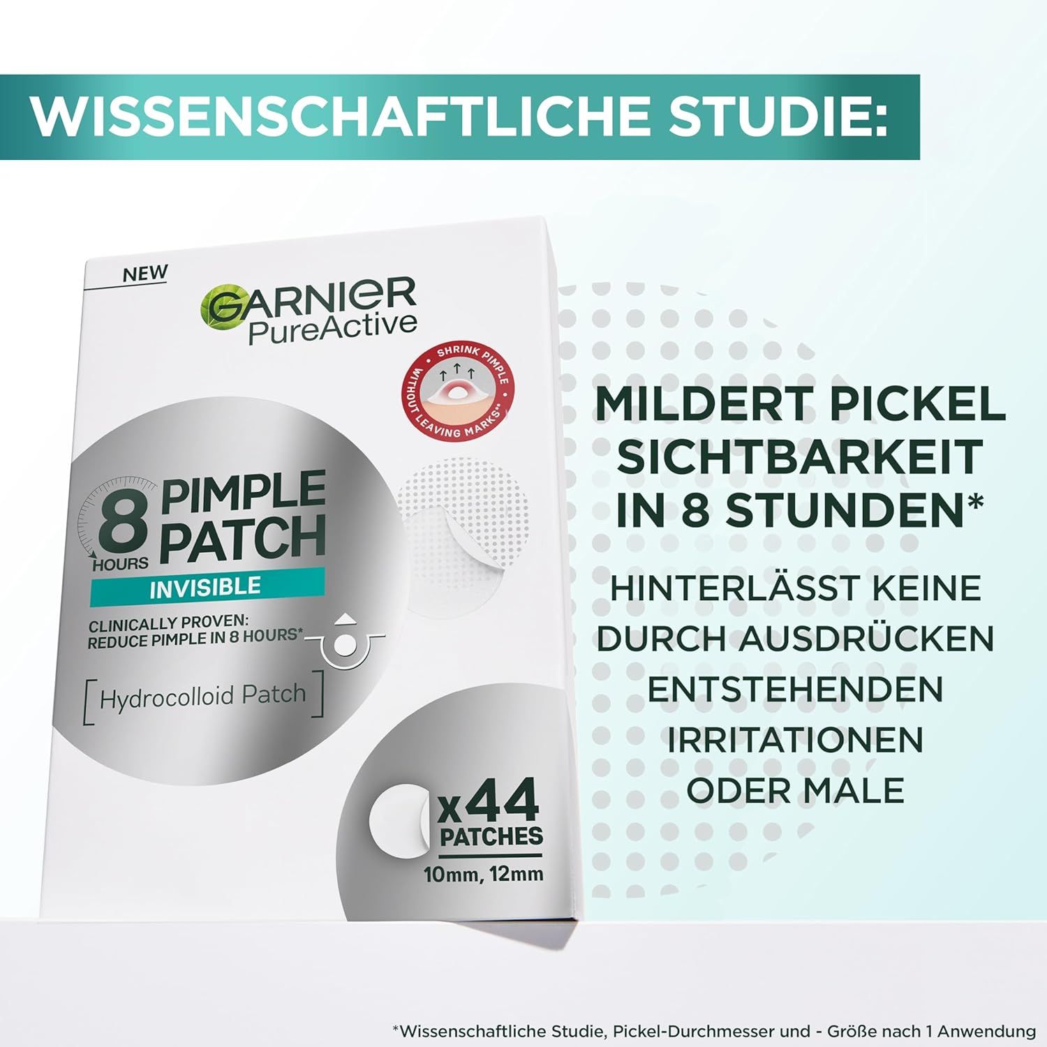 Confezione di cerotti Garnier PureActive. Testo: 'Riduce la visibilità dei brufoli in 8 ore'.