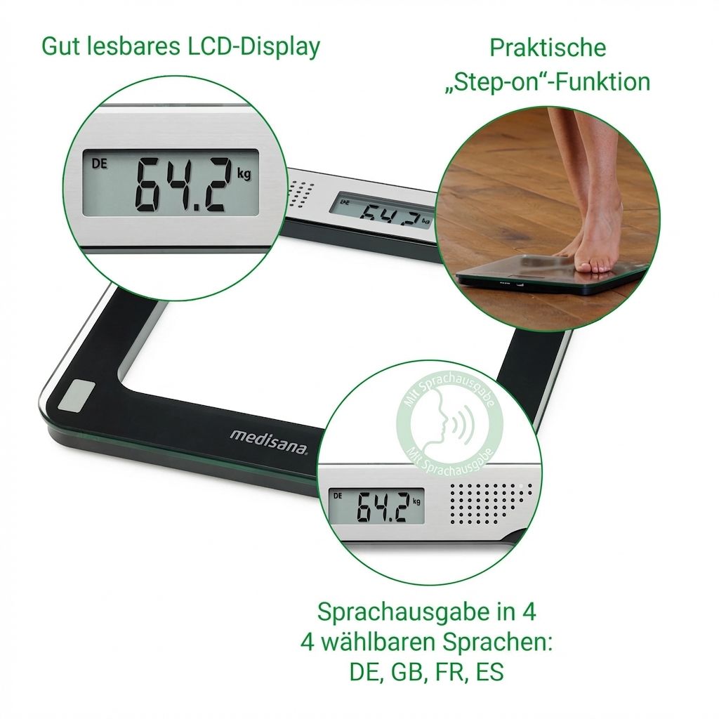 Bilancia pesapersone parlante: display LCD, uscita vocale in 4 lingue, funzione Step-on.