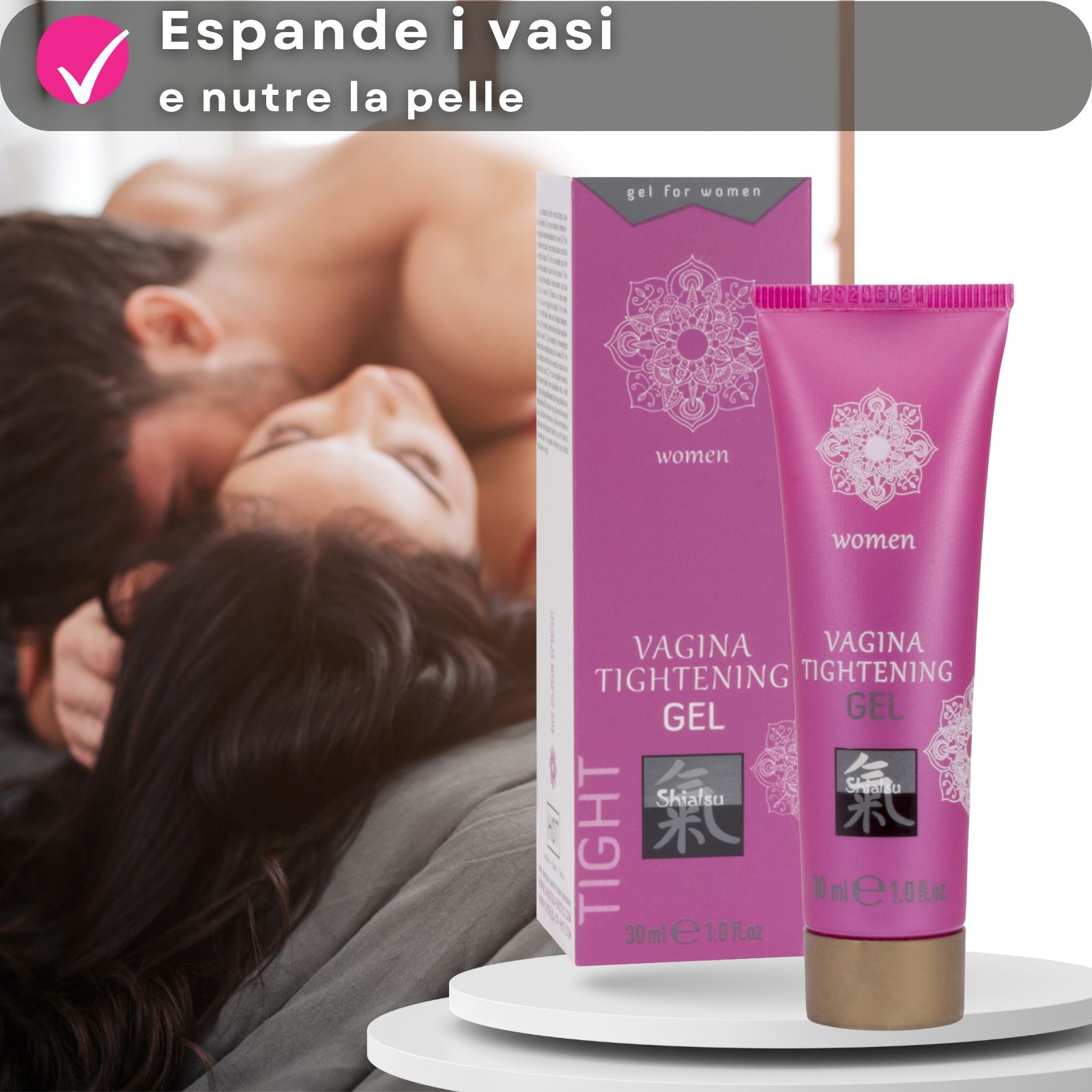 Prodotto e confezione. Vagina Tightening Gel. Tubo rosa. Testo e logo. Sfondo: coppia.