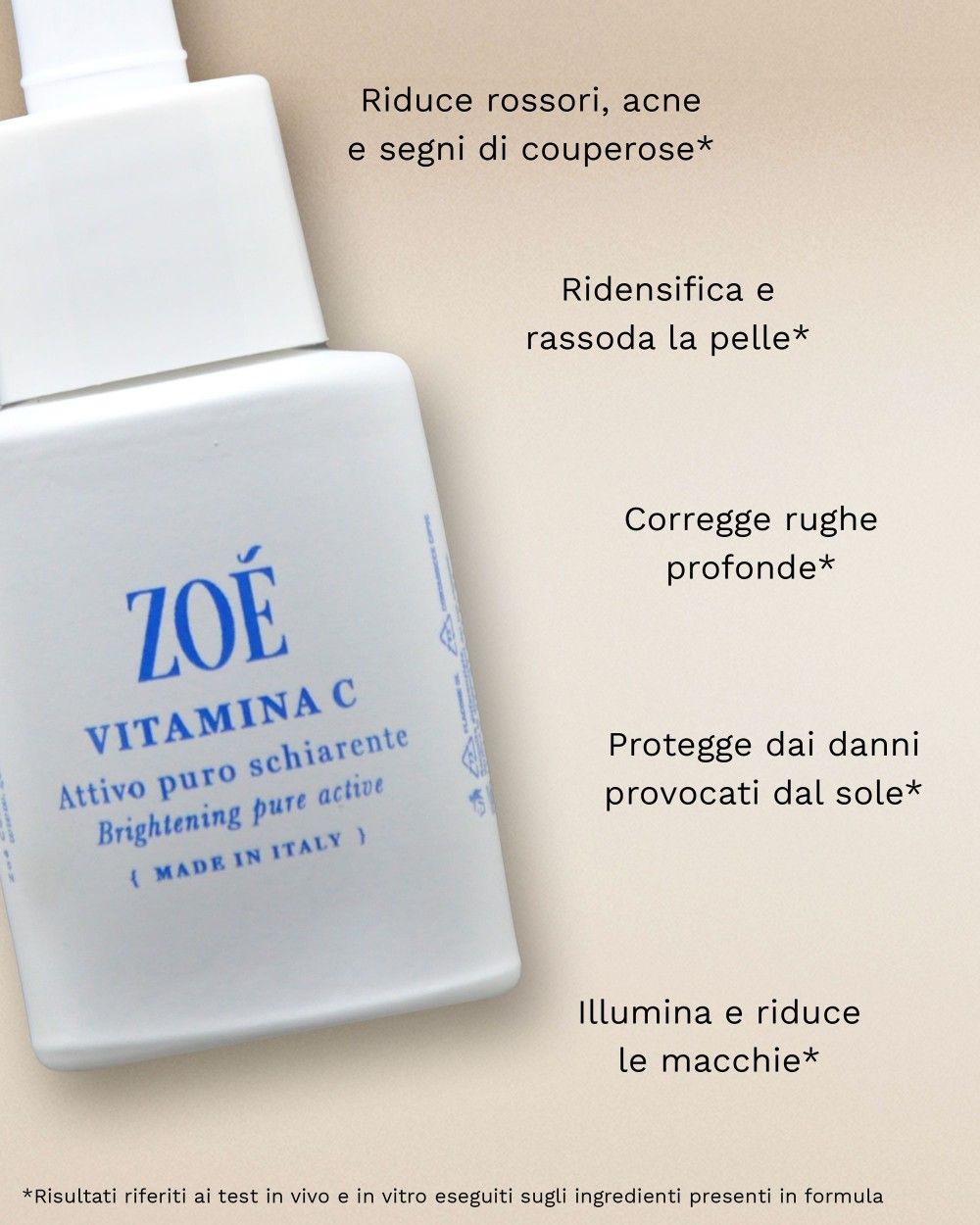 Primo piano del flacone. Scritta blu: ZOÉ, VITAMINA C, Attivo puro schiarente, Brightening pure active. Made in Italy. Testo accanto.