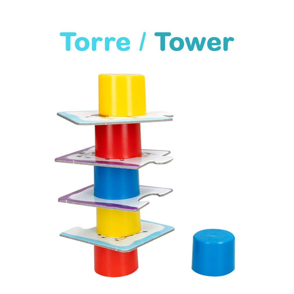 Gioco della torre. Elementi gialli, rossi, blu e verdi. Con pezzi quadrati e rotondi. Per bambini.