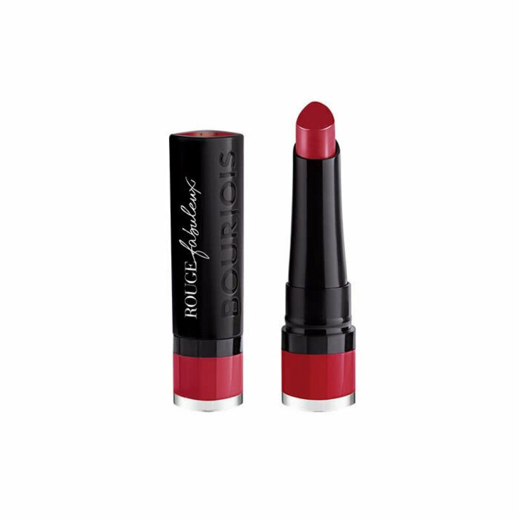 Rossetto Bourjois Rouge Fabuleux, rosso. Stick nero con nome del prodotto. Rossetto e custodia.