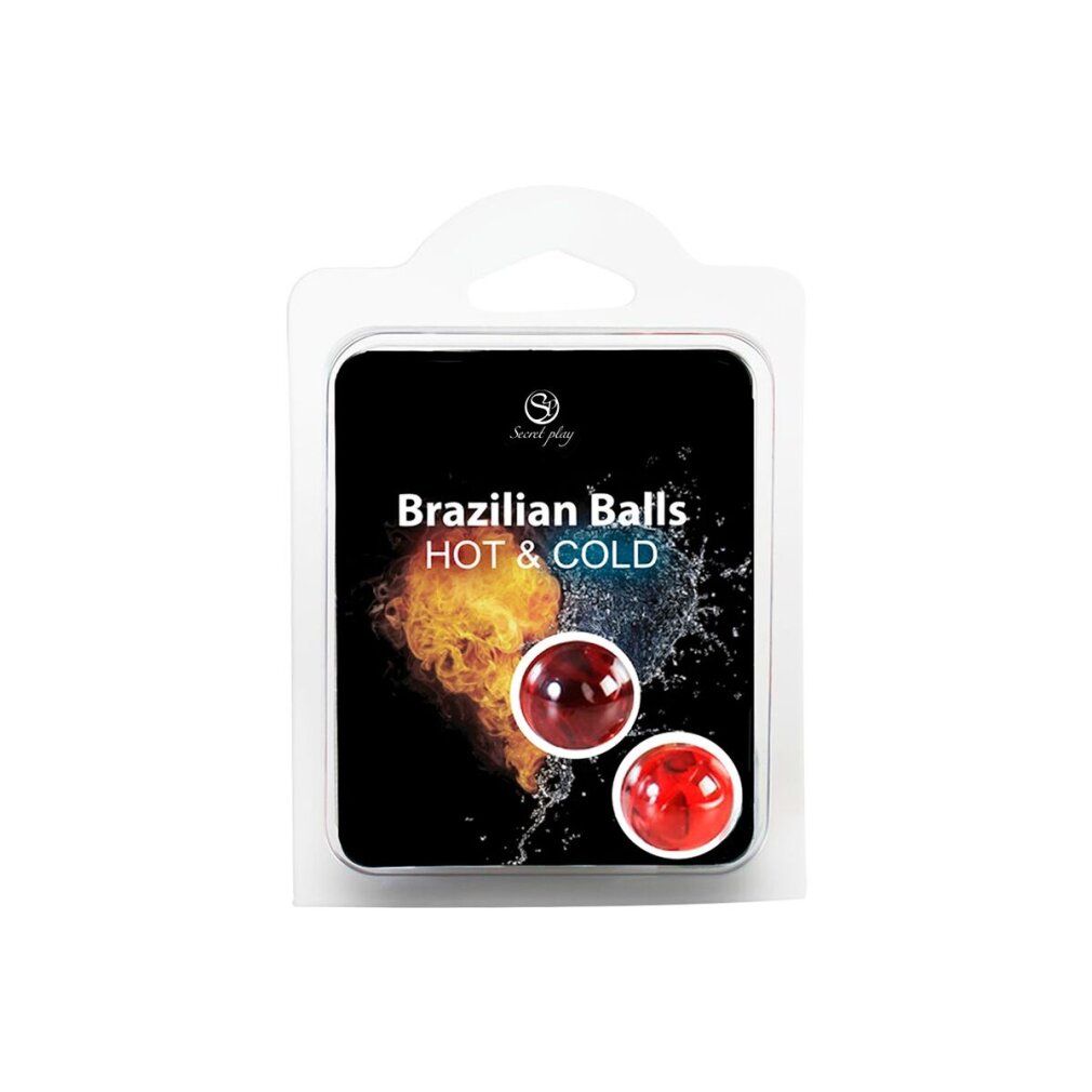 Confezione con due palline rosse. Scritta: Brazilian Balls HOT & COLD. Immagini di fuoco e cubetti di ghiaccio.