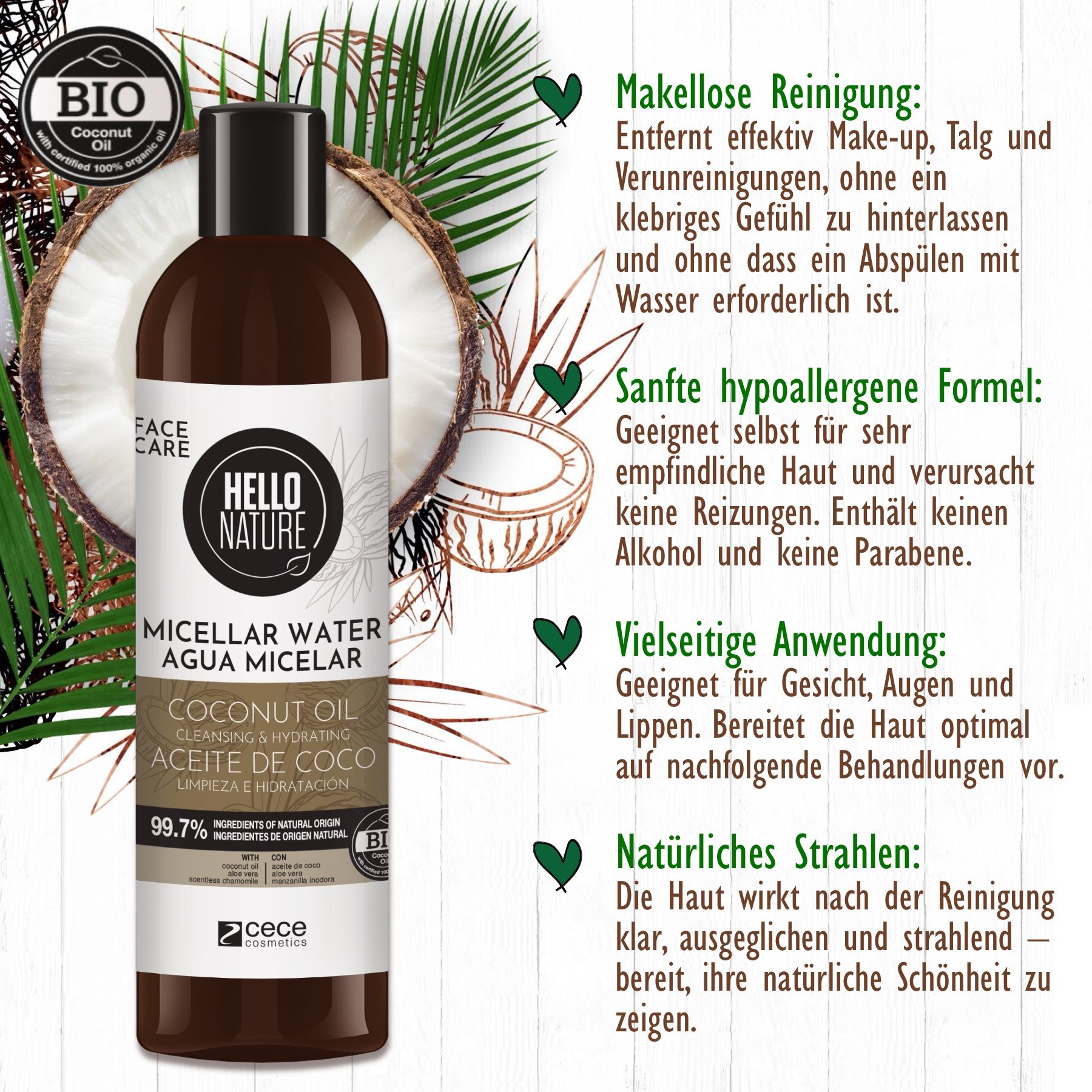 Flacone di acqua micellare. Testo: Agua Micelar, Aceite de Coco. Logo: Hello Nature. Illustrazioni di cocco.