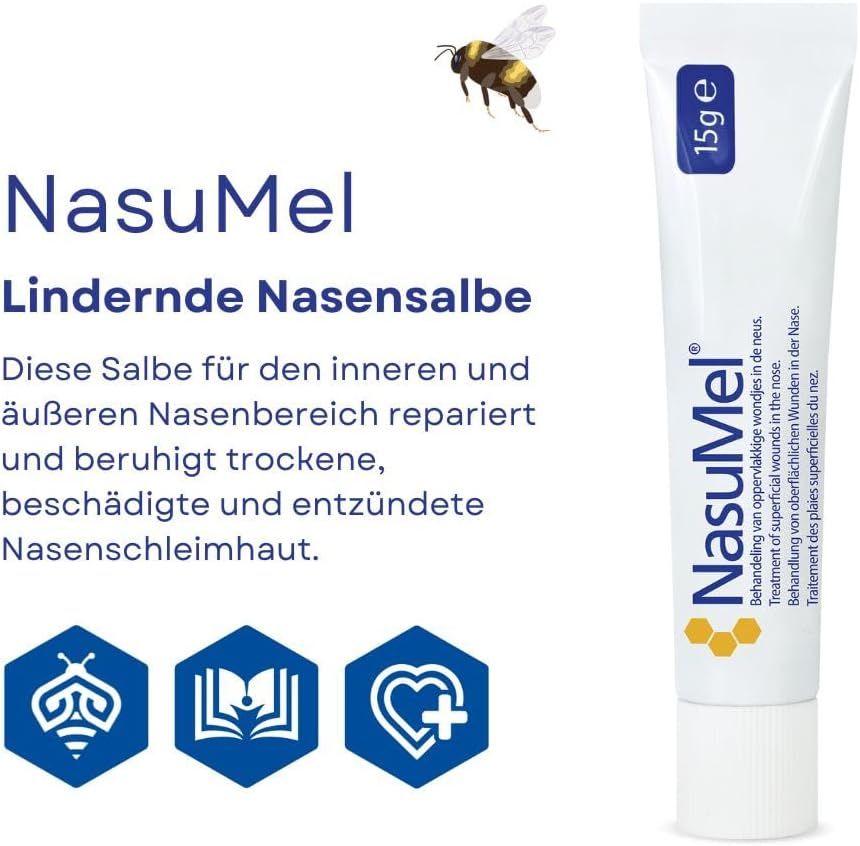 Tubo di crema nasale da 15g. Testo: NasuMel, pomata nasale lenitiva. Immagine di un'ape e icone.