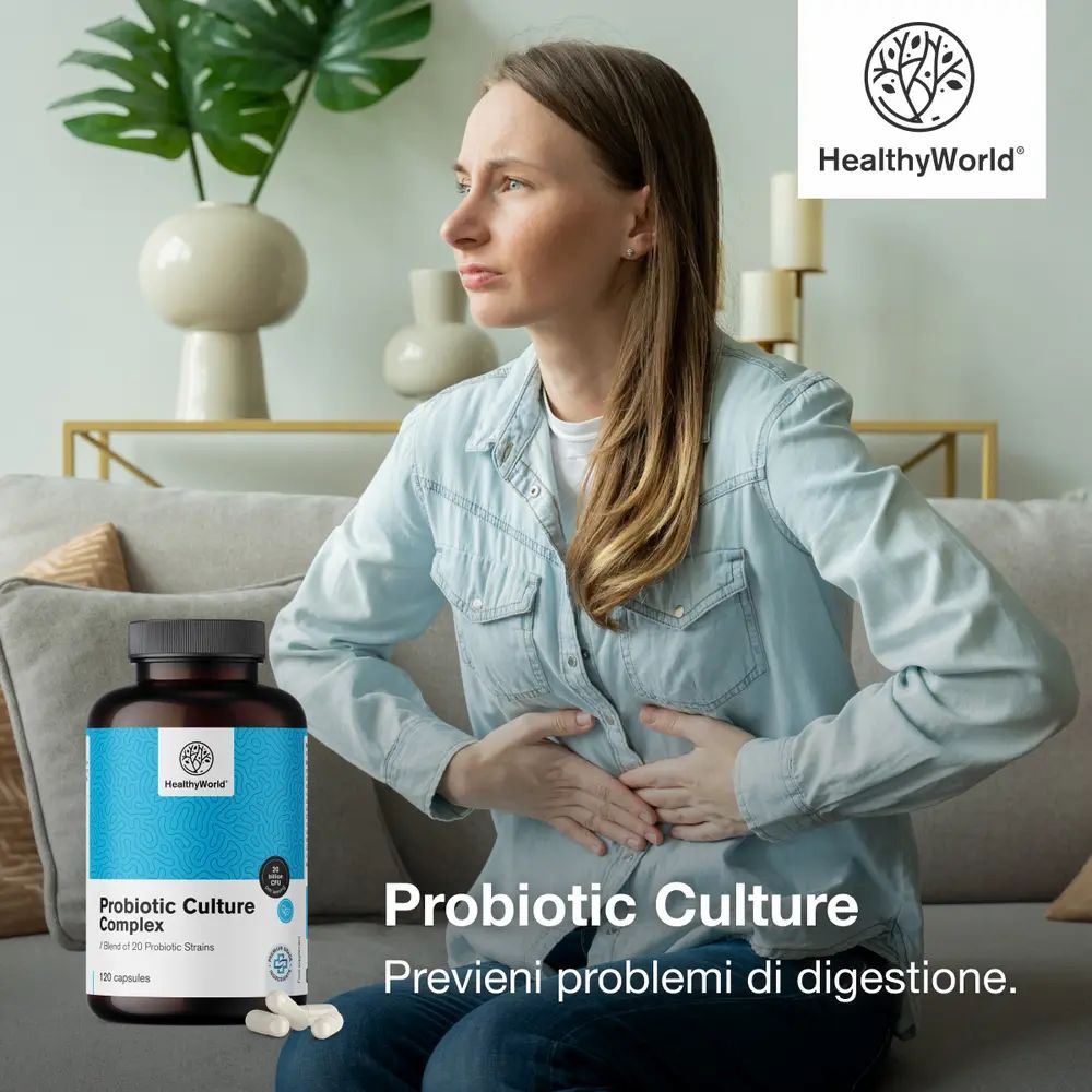 Donna con mal di pancia. Flacone Probiotic Culture Complex. Testo: Previeni problemi di digestione.