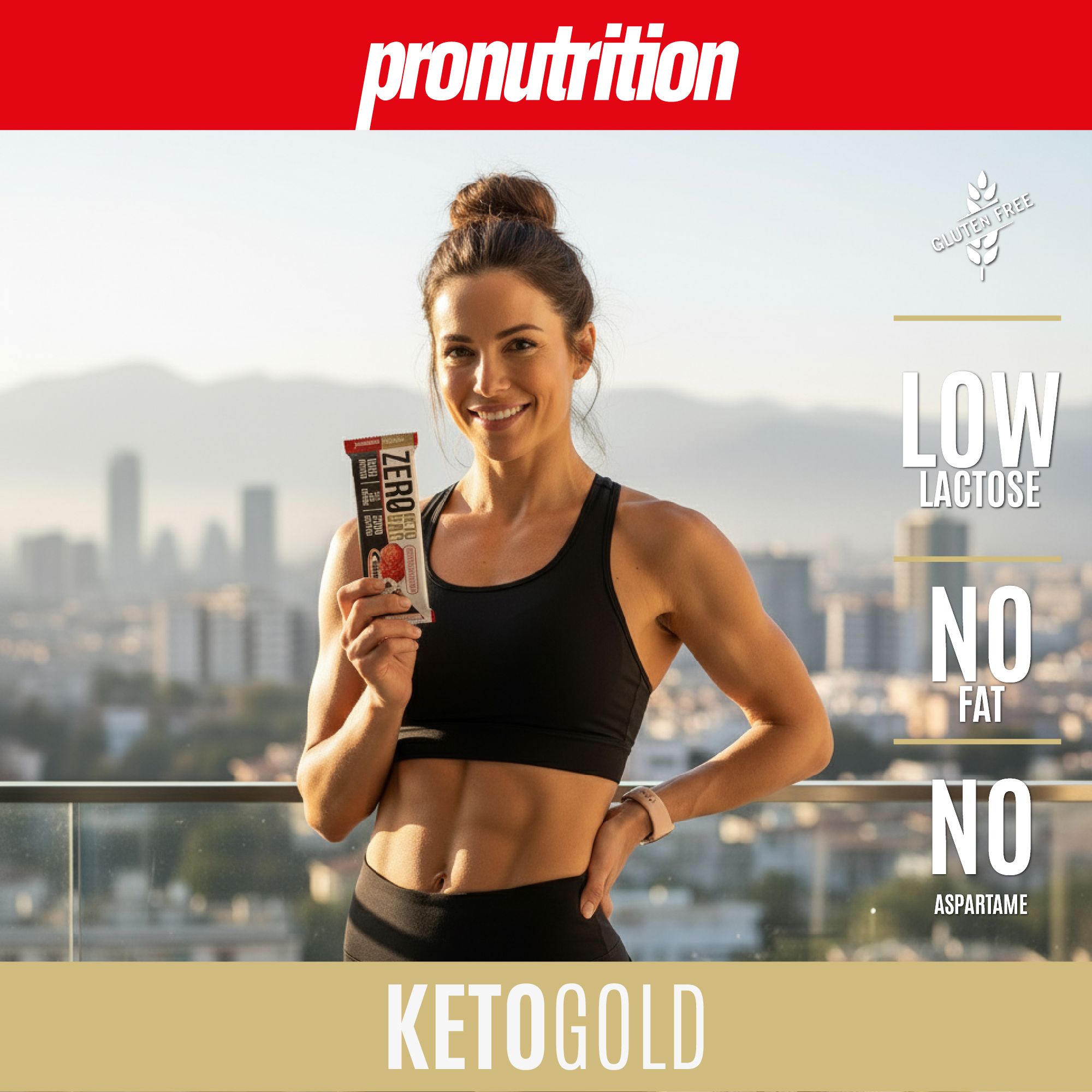 Donna tiene barretta. Testo: ZERO Keto Bar, Senza glutine, Basso lattosio, Senza grassi, Senza aspartame, Keto Gold, Pronutrition.