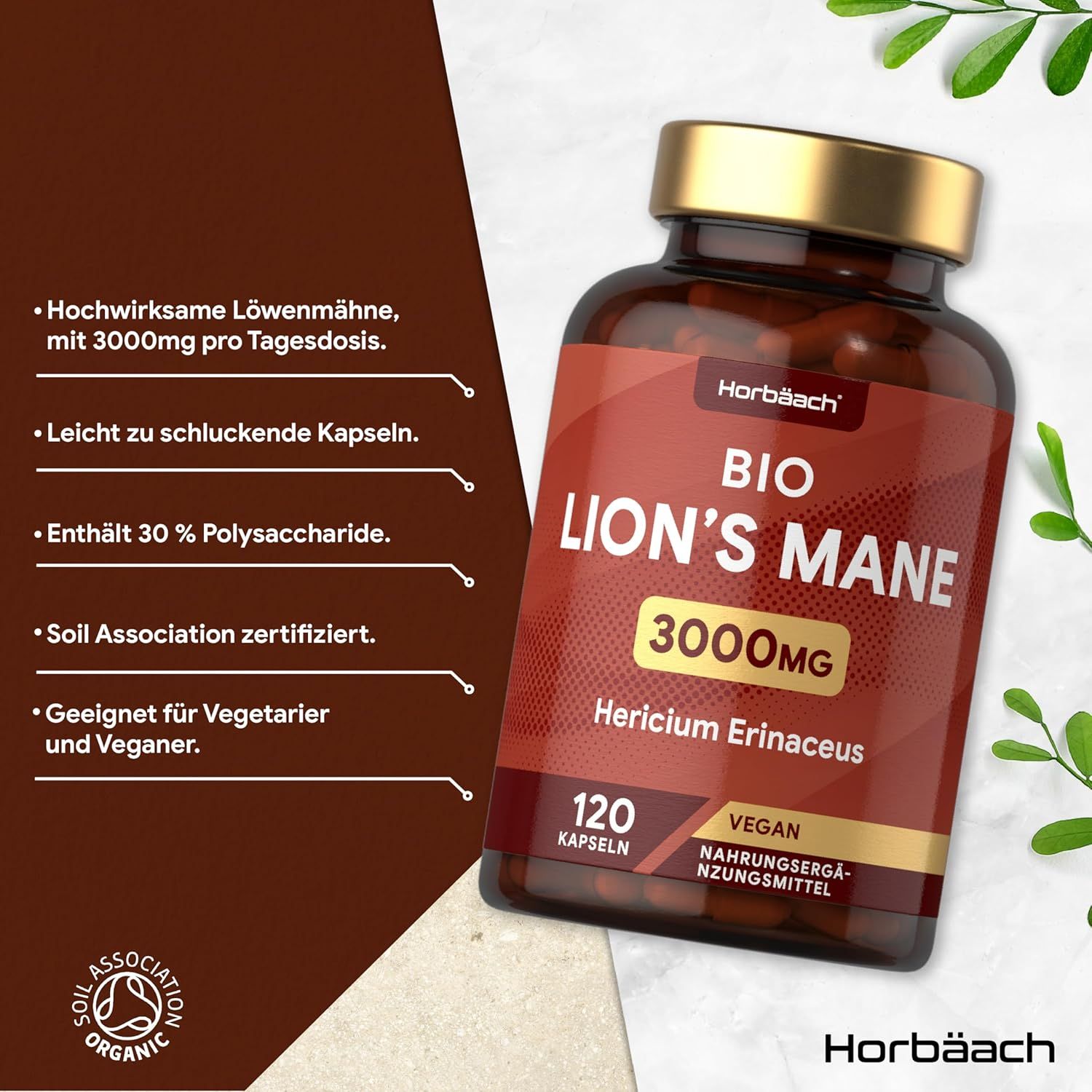 Flacone marrone con tappo dorato. Scritta: Horbaach Bio Lion's Mane 3000mg, 120 capsule. Vegano. Certificato Soil Association.
