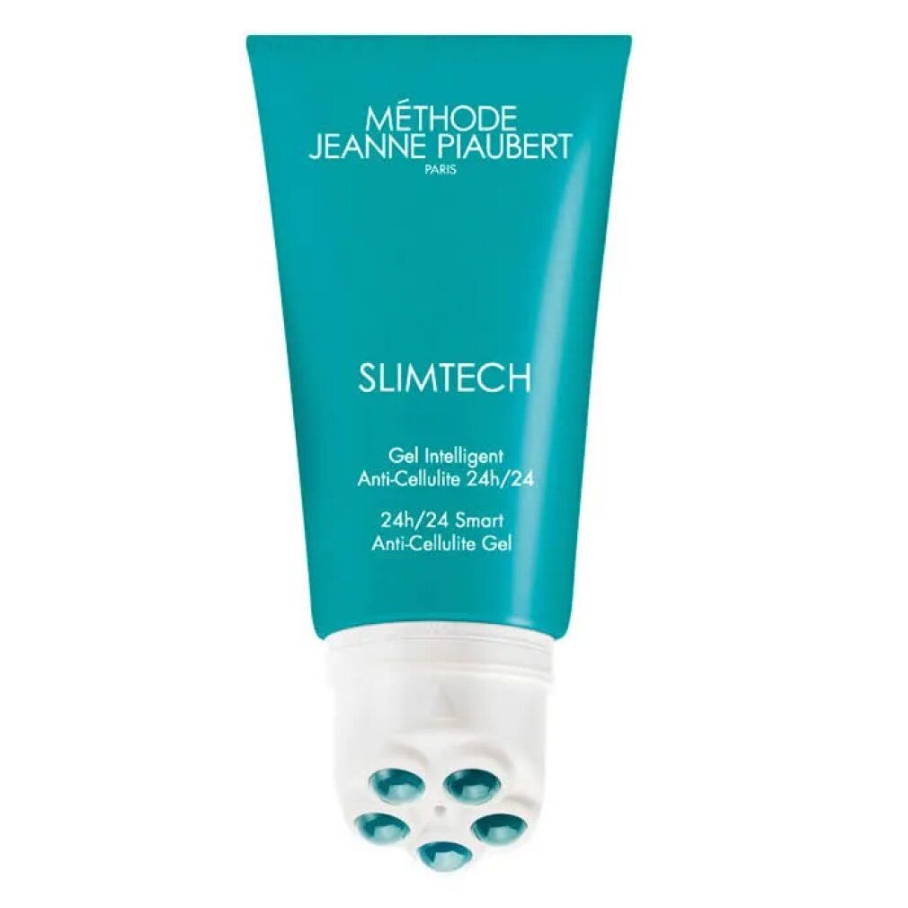 Tubo turchese con applicatore bianco. Scritta: SLIMTECH, Gel Anti-Cellulite 24h/24. Marchio: Méthode Jeanne Piaubert.
