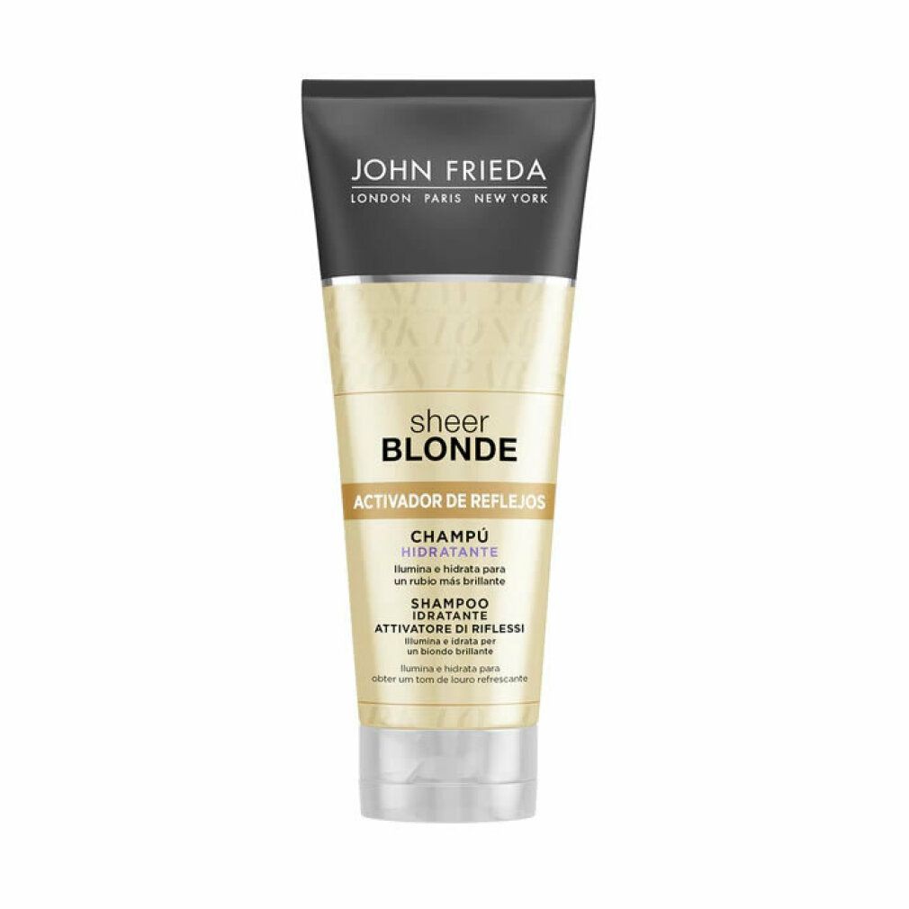 Tubo di shampoo John Frieda Sheer Blonde. Tappo nero, corpo dorato. Scritta: Activador de Reflejos Champú Hidratante.