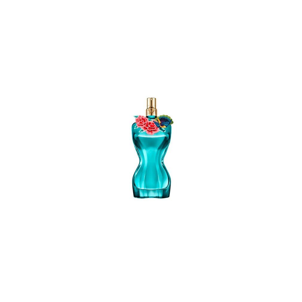 Flacone di profumo azzurro con decorazioni floreali e vaporizzatore dorato. Flacone a forma di corpo femminile.