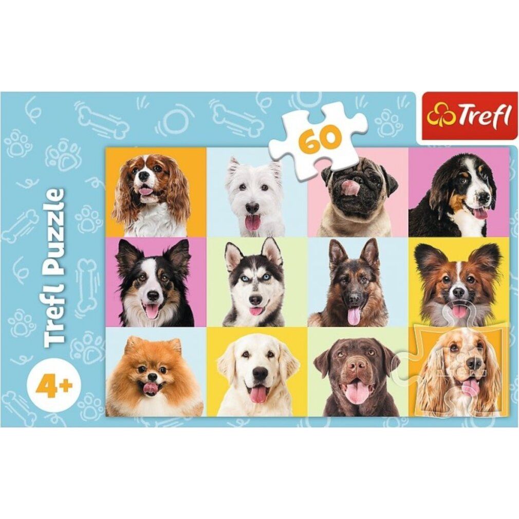 Puzzle Trefl, 60 pezzi, con ritratti di cani. Confezione con pezzo di puzzle.