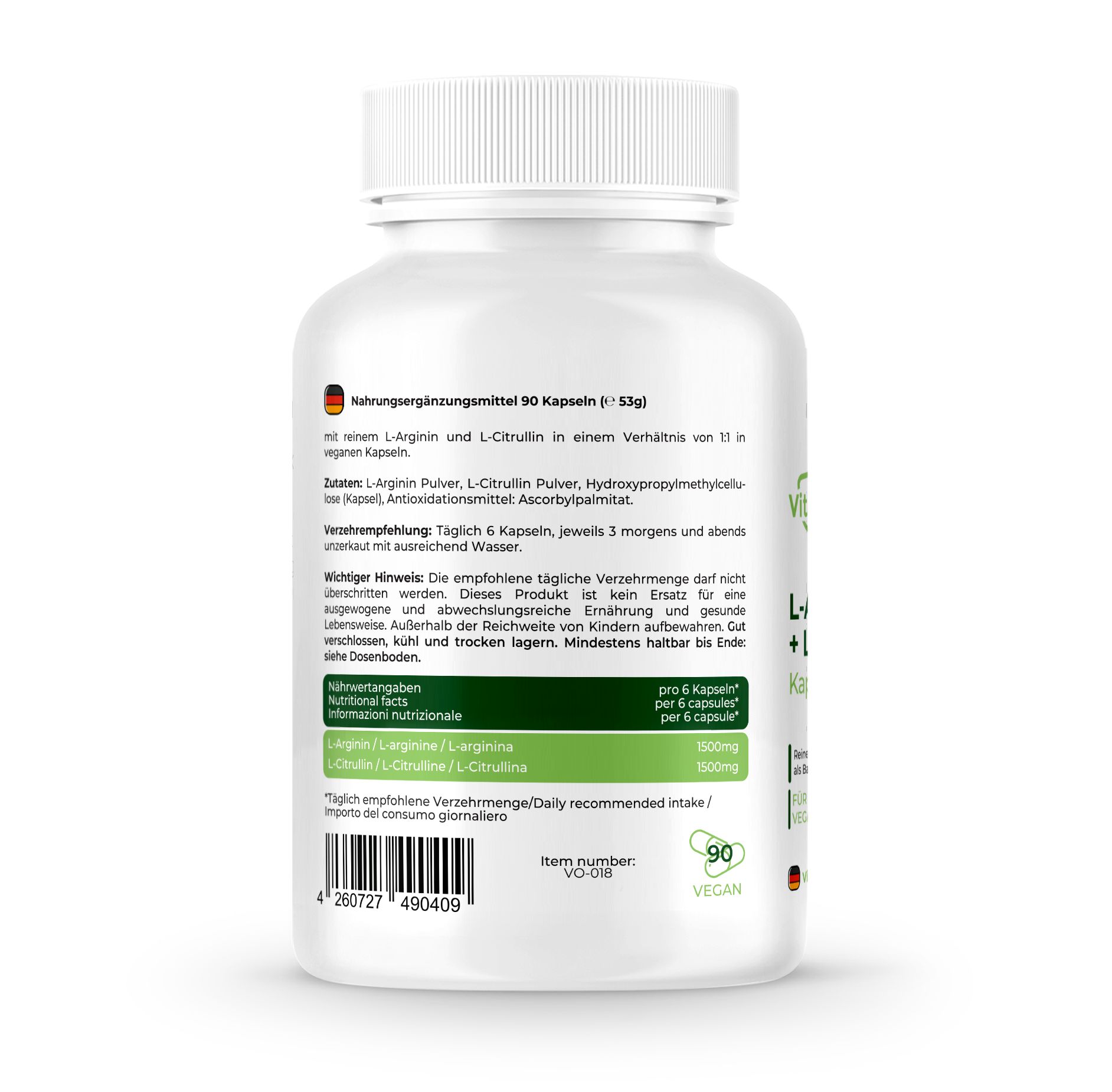 Retro di un flacone bianco. Contiene 90 capsule. L-Arginina e L-Citrullina. Vegano. Informazioni nutrizionali.