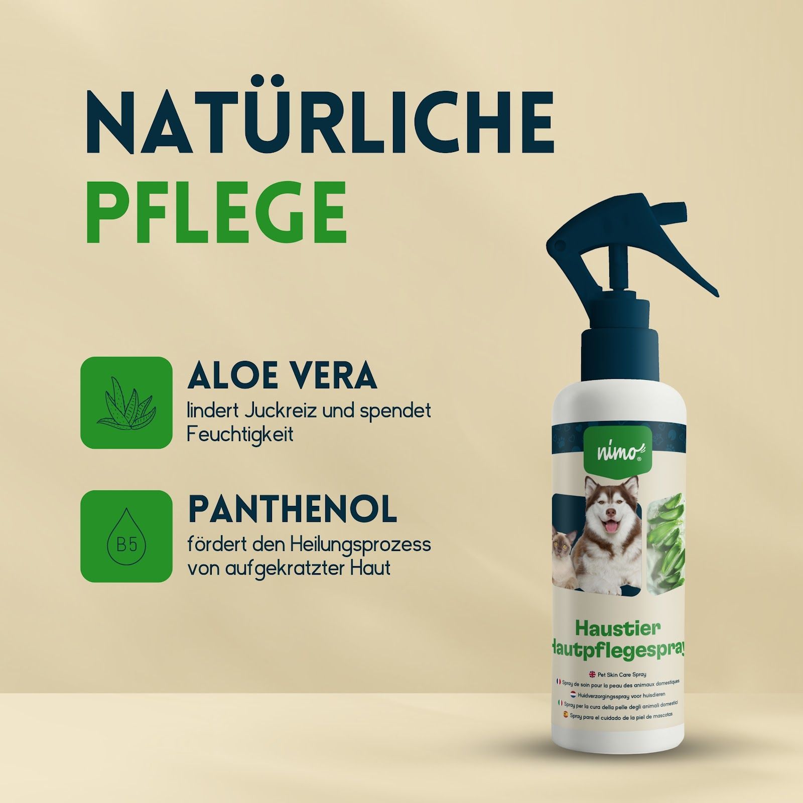 Flacone con spruzzatore. Testo: Cura naturale. Aloe Vera, Pantenolo. Logo e nome del prodotto.