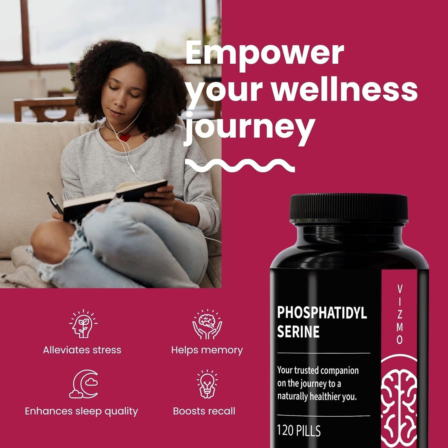 Donna legge un libro vicino a un flacone di Vizmo Fosfatidilserina. 120 pillole. Aiuta lo stress e la memoria.