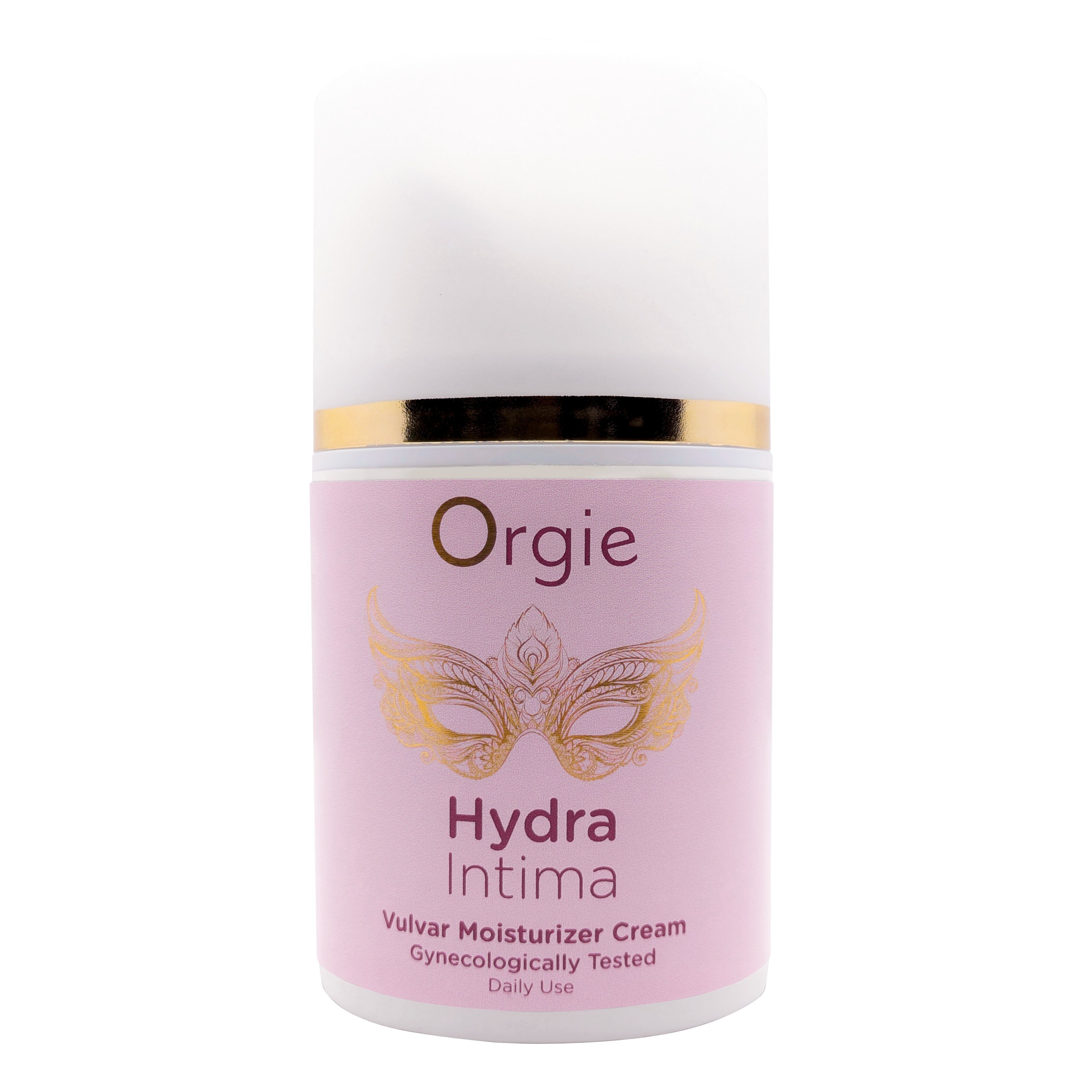Flacone di crema rosa con maschera dorata e testo. Scritta: Hydra Intima, Vulvar Moisturizer Cream. Coperchio bianco.