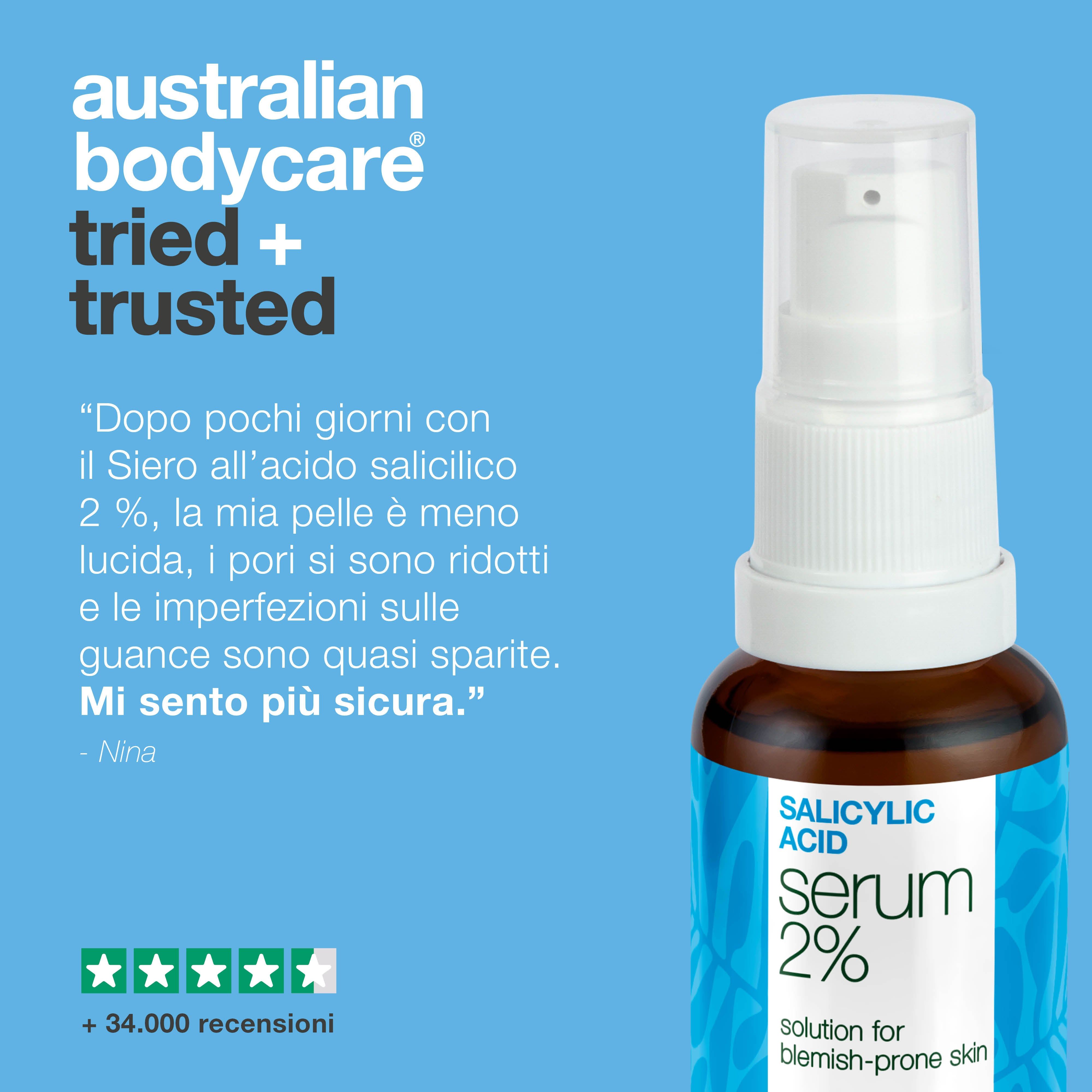 Flacone su sfondo blu. Testo: Siero acido salicilico 2%, citazione, valutazione 5 stelle, +34.000 recensioni.
