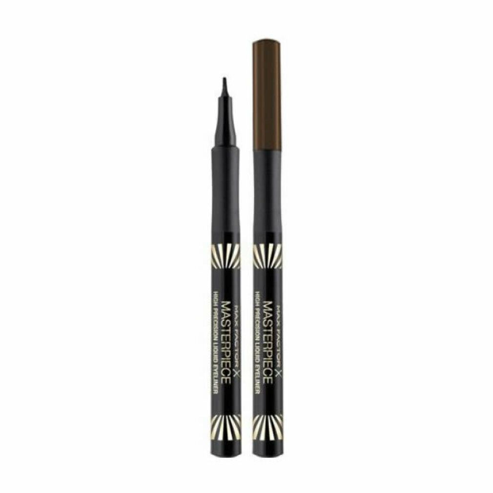 Eyeliner nero con dettagli dorati. Sono visibili la penna e il cappuccio. Sulla penna si legge "Masterpiece High Precision Liquid Eyeliner".